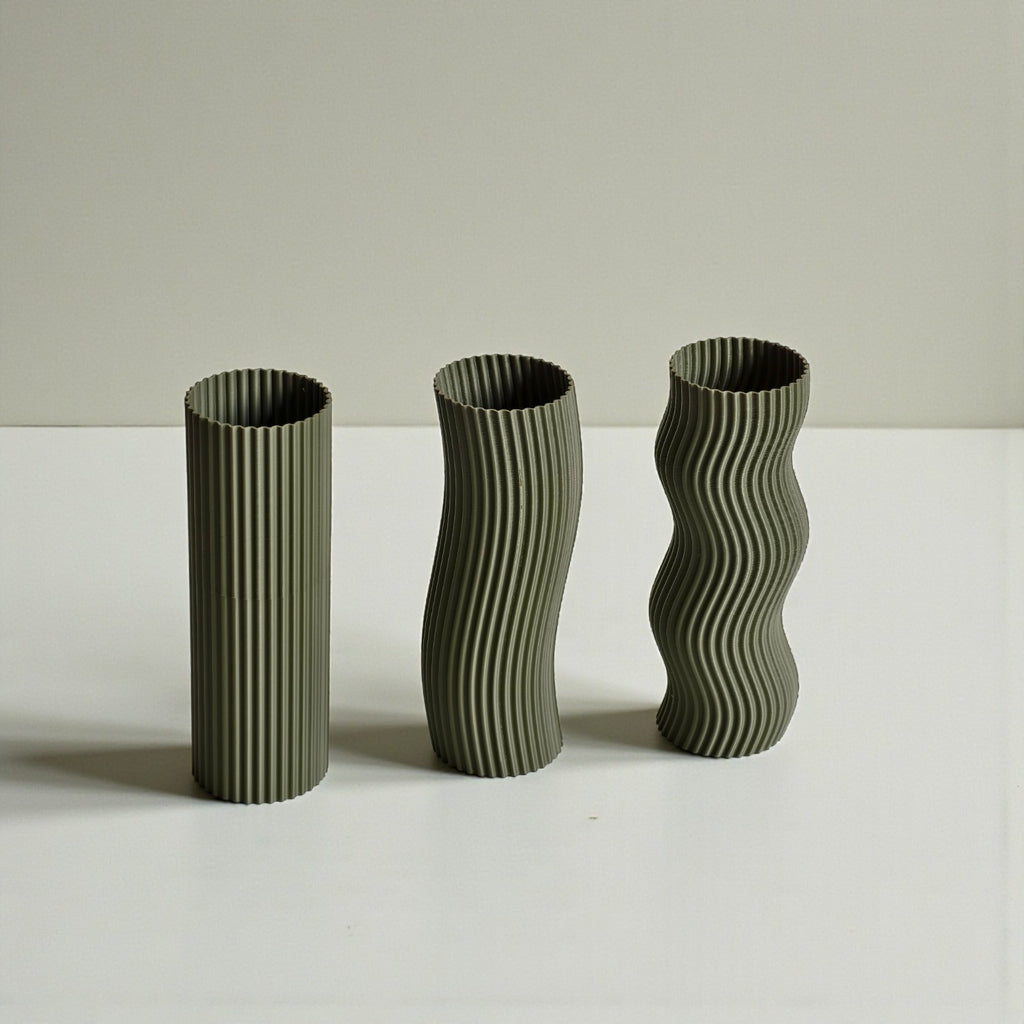 Olive Wave Vase Set – Minimal Japandi 3D Printed Decor