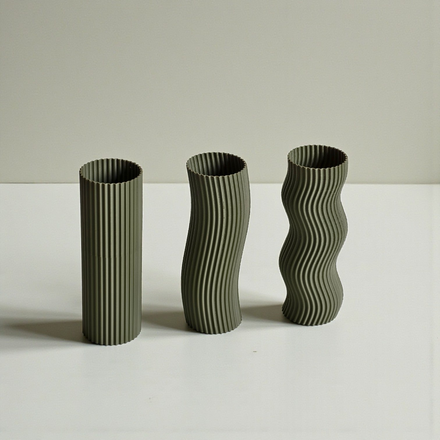 Olive Wave Vase Set – Minimal Japandi 3D Printed Decor