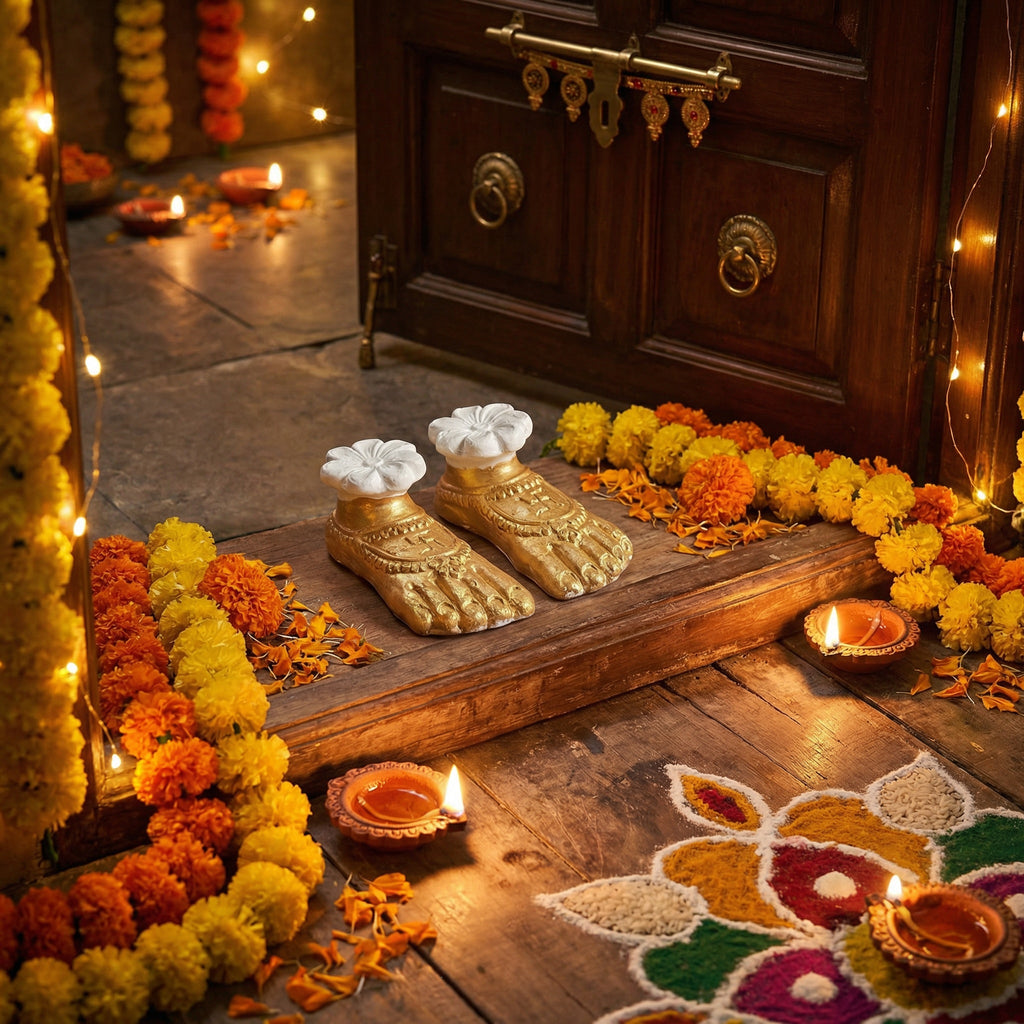 Lakshmi Charan Paduka – Golden Feet Decor for Diwali Pooja | Handmade Lakshmi Foot Idol | Auspicious Home Decor & Gift