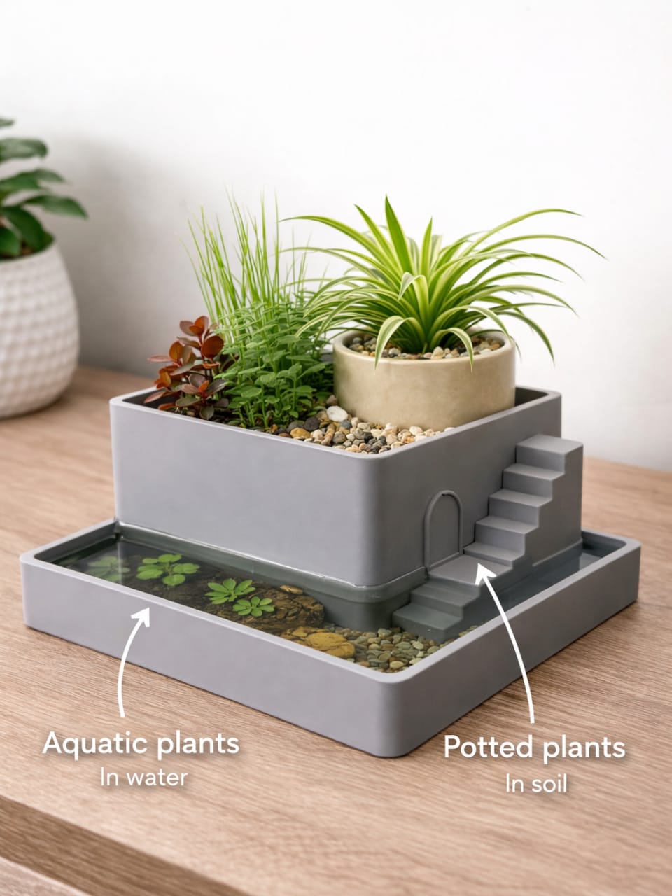 3D Printed Paludarium Planter | Mini Indoor Paludarium with Water Reservoir | Decorative Desktop Planter for Aquatic & Terrestrial Plants