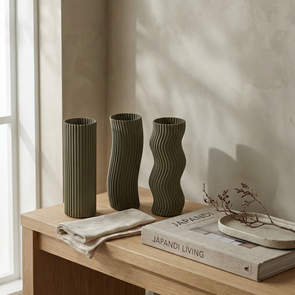 Olive Wave Vase Set – Minimal Japandi 3D Printed Decor