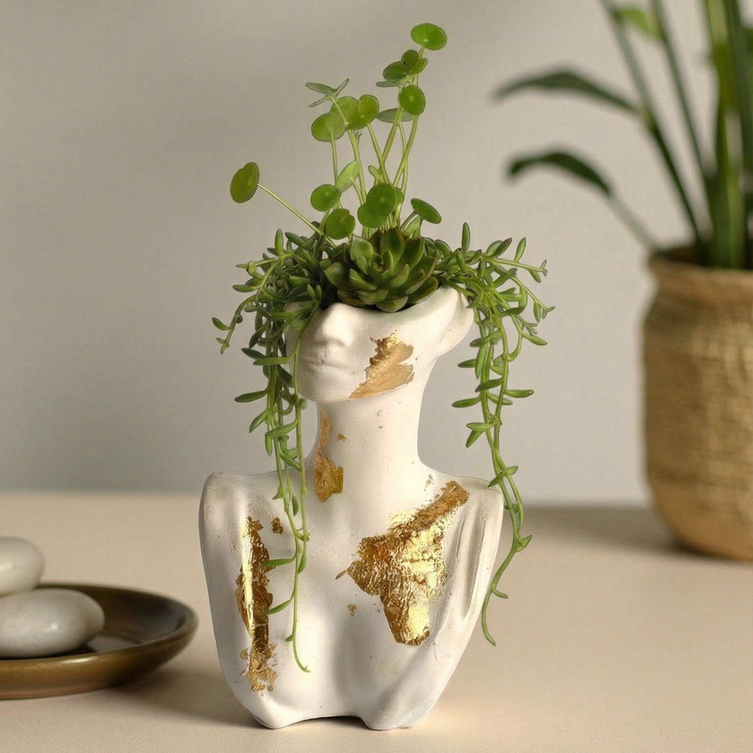 Muse Bust Planter – Gold Accent Artistic Concrete Planter