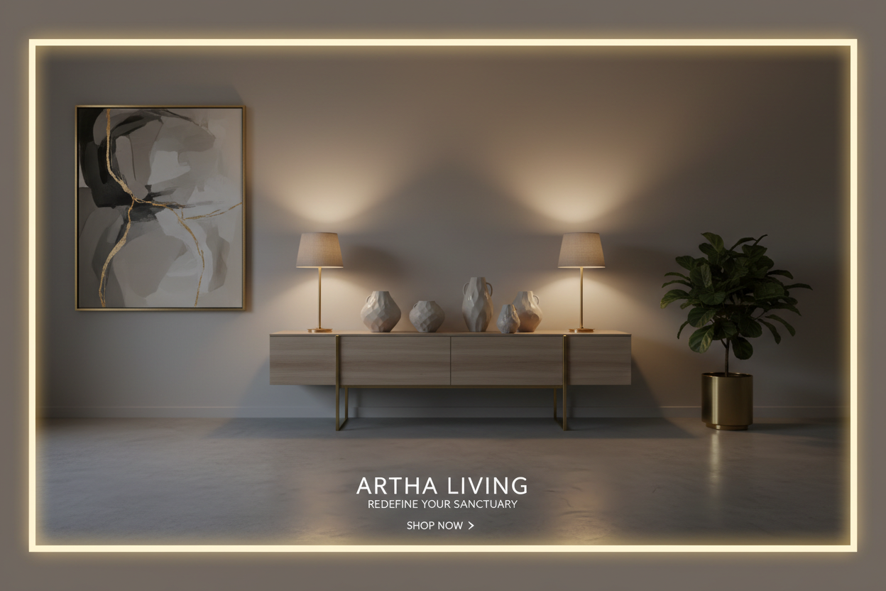 Elegant minimalist footer banner for a home decor website. A cozy evening living space featuring soft warm lighting, muted gray and beige tones, and subtle highlights of gold or brass. A console table with vases, planters, and lamps from Artha Living placed aesthetically, alongside a framed painting and a small indoor plant. Include soft shadows and a warm ambient glow from nearby lamps. The scene feels calm, sophisticated, and inviting — designed to visually conclude a website with a peaceful, modern-home 