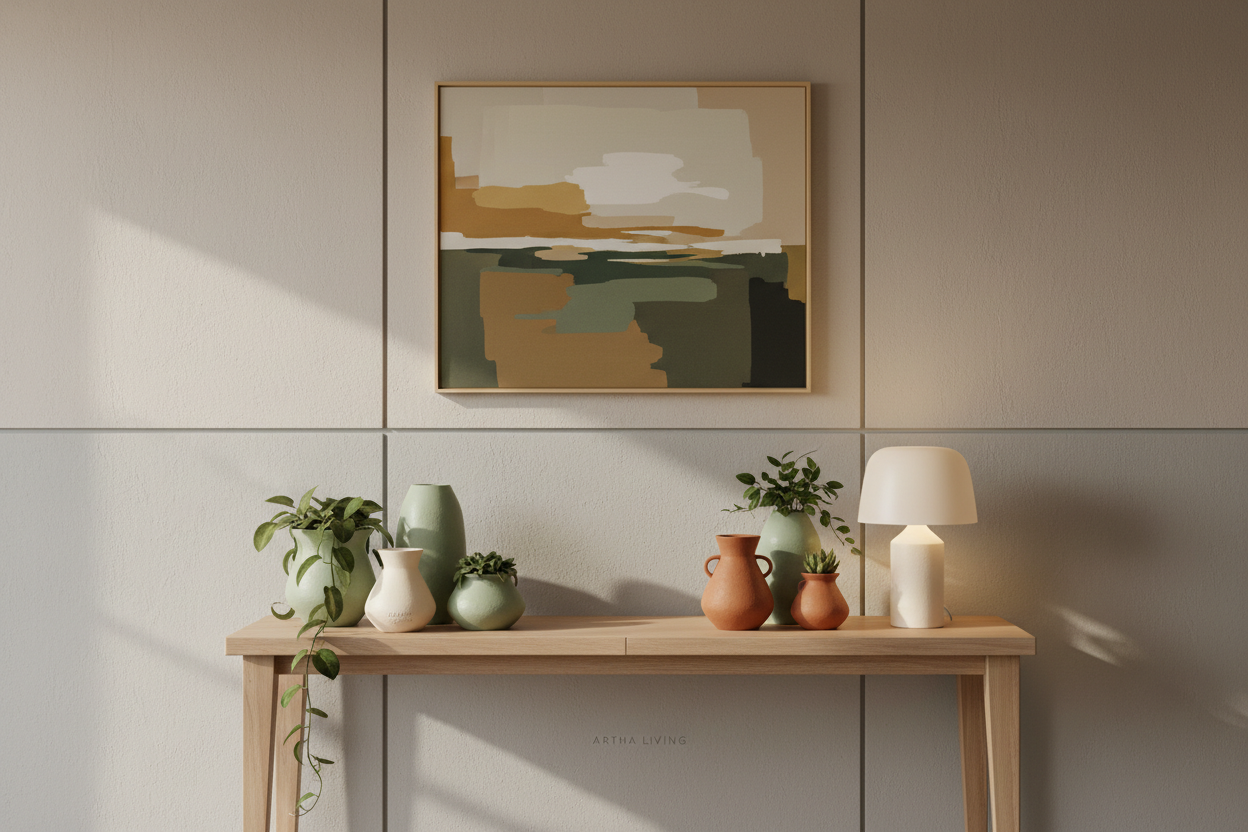 Elegant minimalist living room setup styled for a home decor website hero banner. Featuring 3D-printed vases, planters, and lamps from Artha Living — crafted from eco-friendly bio-based filaments in tones of ivory, sage, and terracotta. The scene includes a warm table lamp casting soft ambient light, a wall painting with abstract earthy tones, and a light wood console table with subtle shadows. Background in beige and soft grey, premium natural light from one side, photographed in lifestyle editorial style,