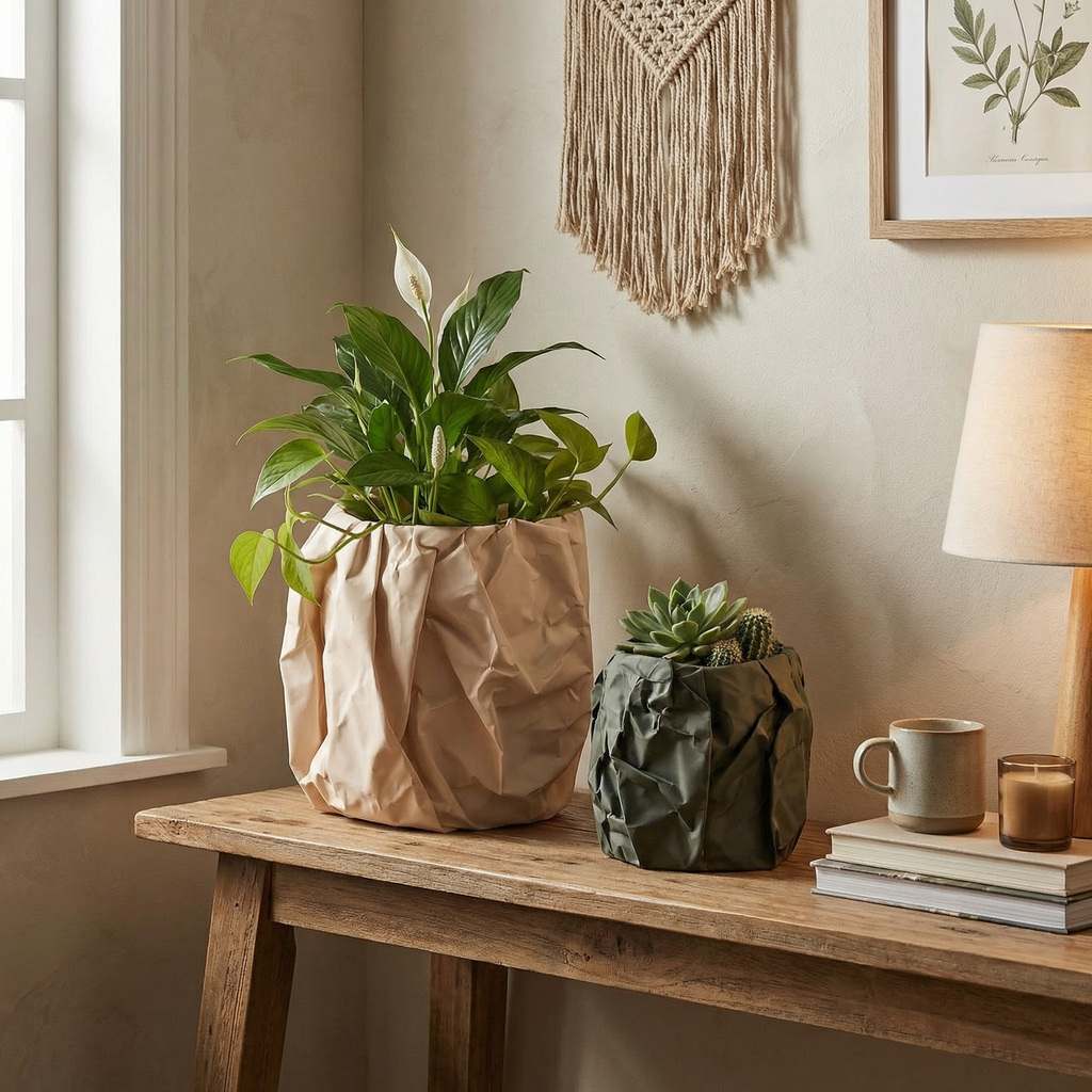 Crumpled Paper Texture Planter Set – Peach & Olive Green