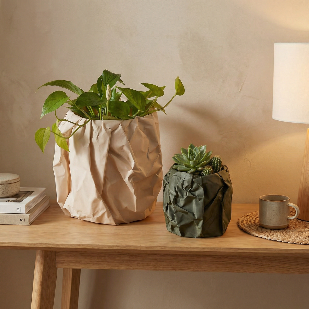 Crumpled Paper Texture Planter Set – Peach & Olive Green