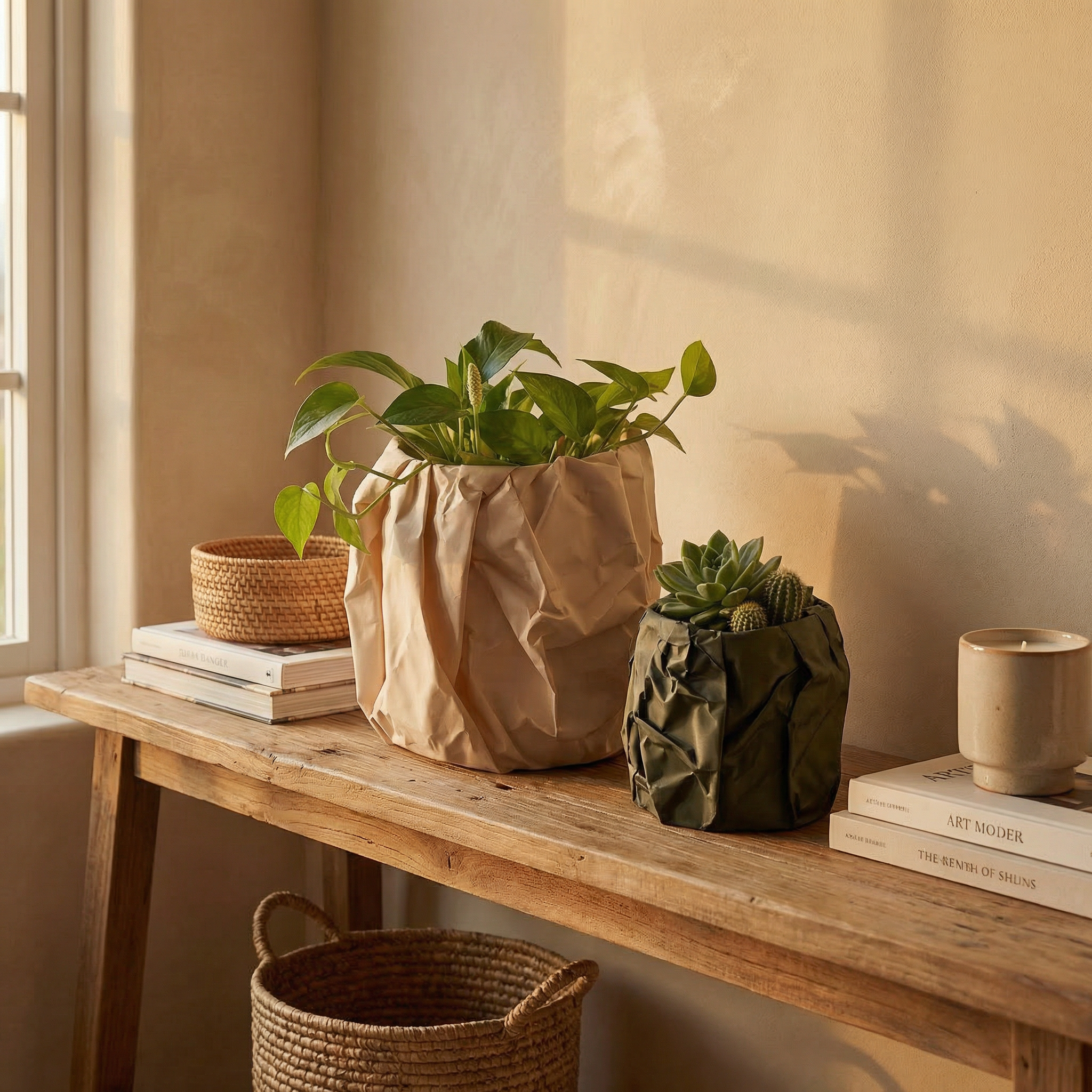 Crumpled Paper Texture Planter Set – Peach & Olive Green