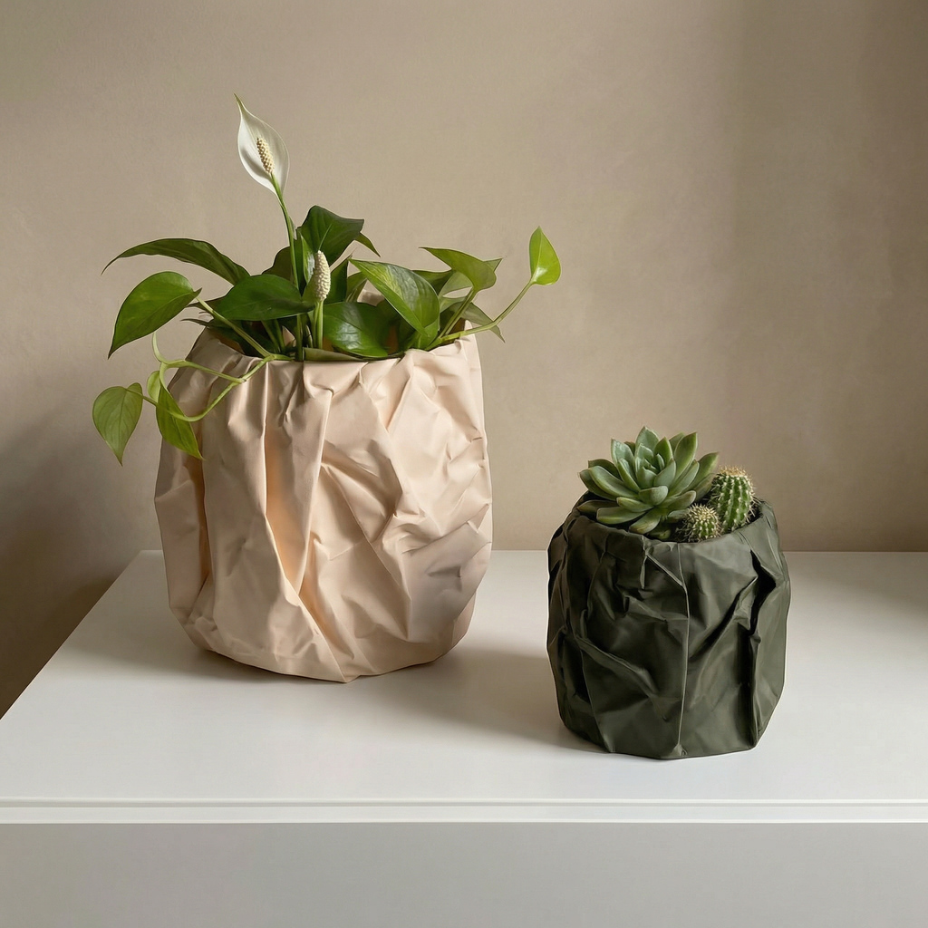 Crumpled Paper Texture Planter Set – Peach & Olive Green