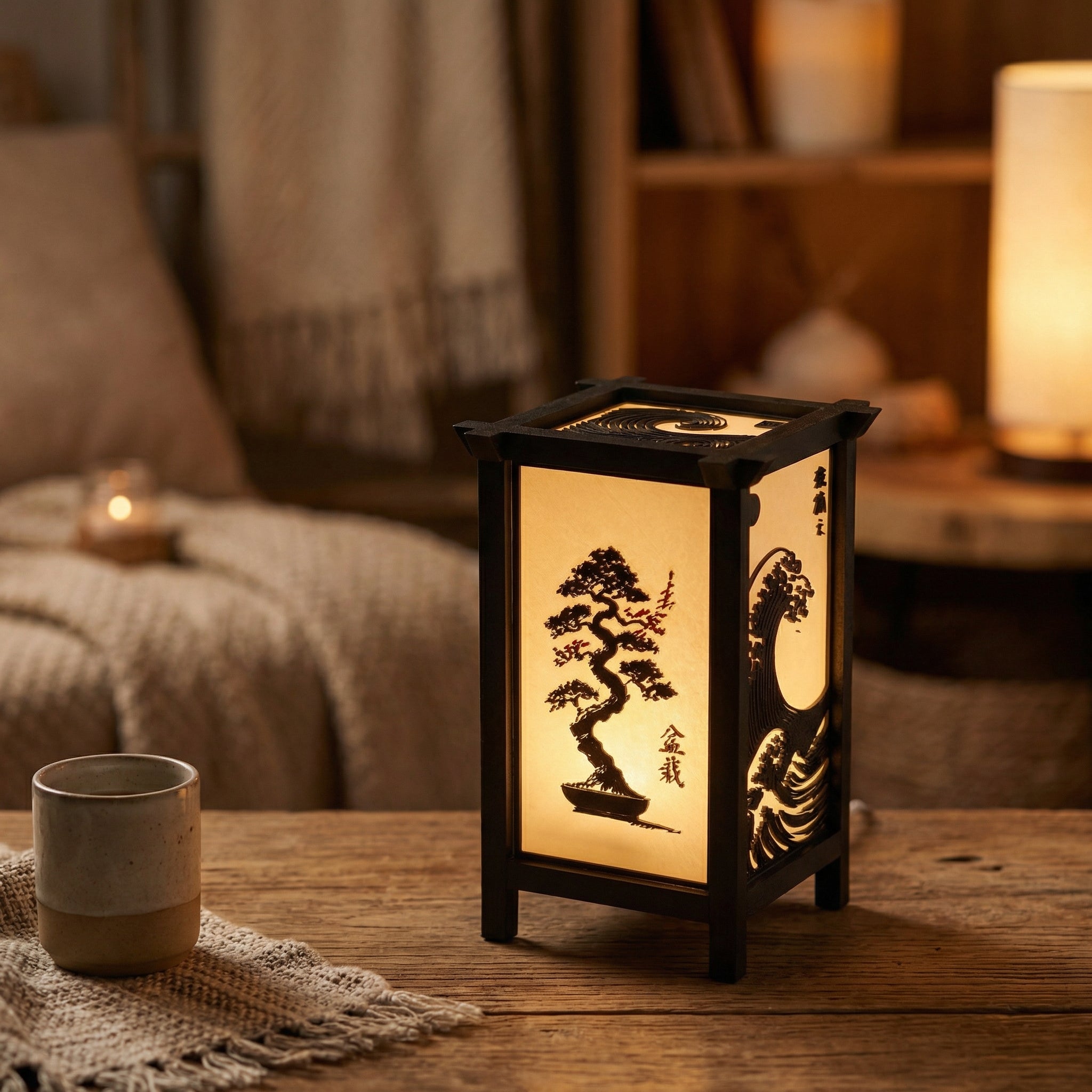 Kanso Lantern | Japanese Wave & Bonsai Ambient Table Lamp with Inline Switch, 3-ft Wire & 3W Daylight Surface Light Included