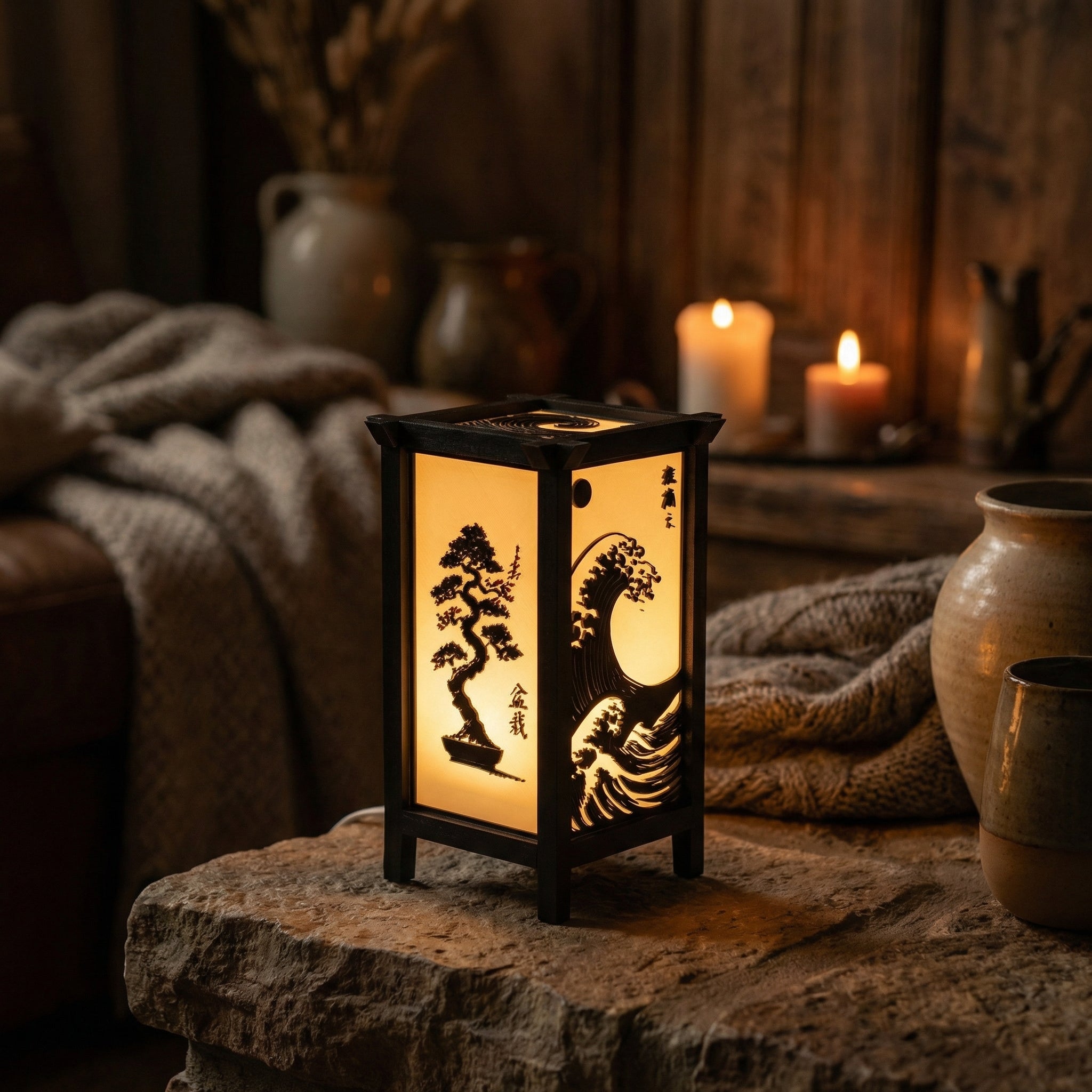 Kanso Lantern | Japanese Wave & Bonsai Ambient Table Lamp with Inline Switch, 3-ft Wire & 3W Daylight Surface Light Included