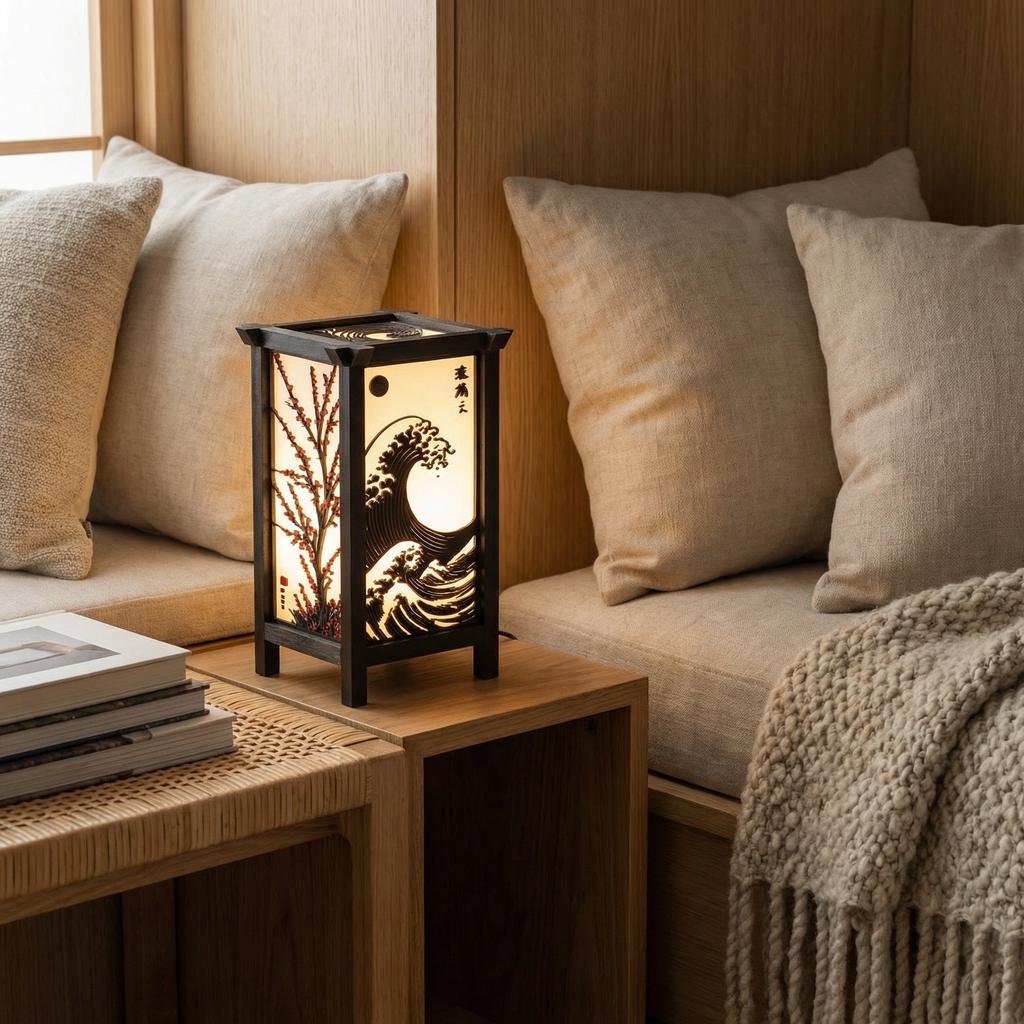 Kanso Lantern | Japanese Wave & Bonsai Ambient Table Lamp with Inline Switch, 3-ft Wire & 3W Daylight Surface Light Included