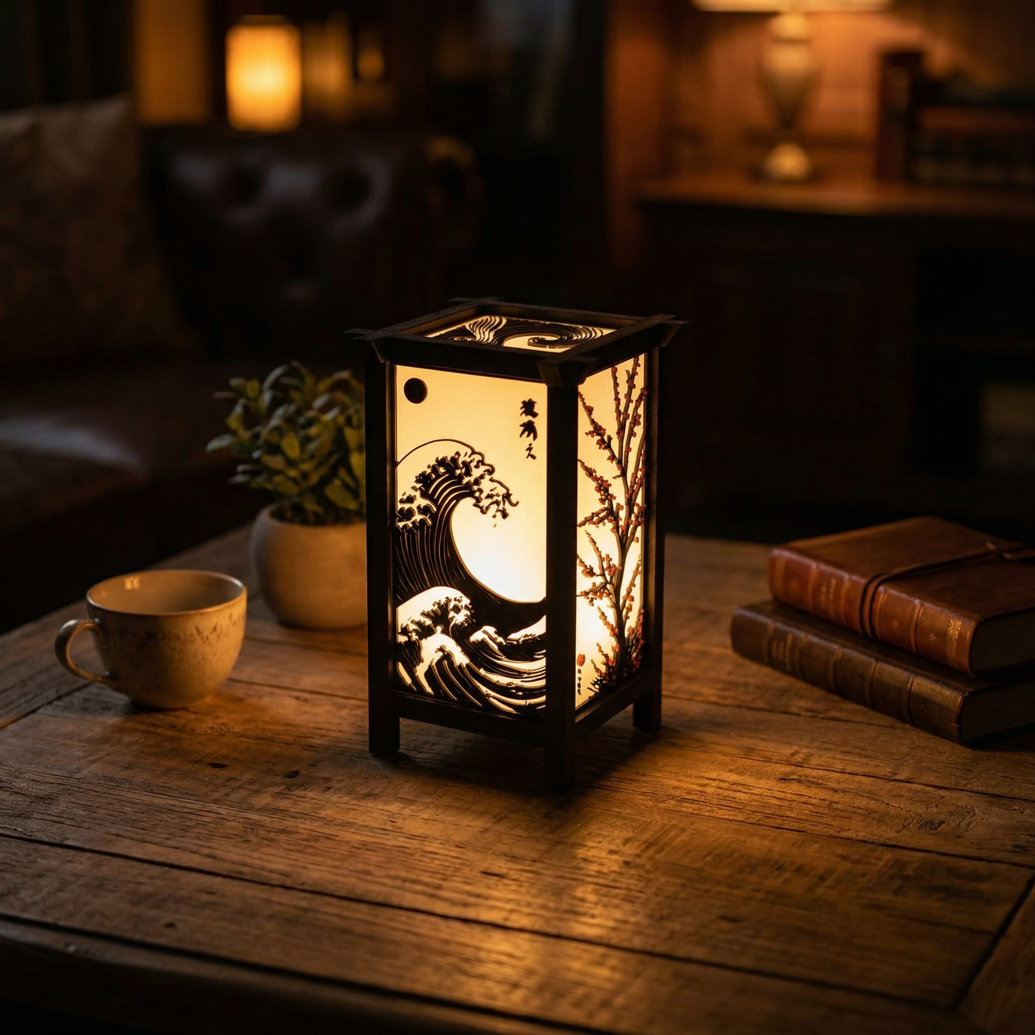 Kanso Lantern | Japanese Wave & Bonsai Ambient Table Lamp with Inline Switch, 3-ft Wire & 3W Daylight Surface Light Included