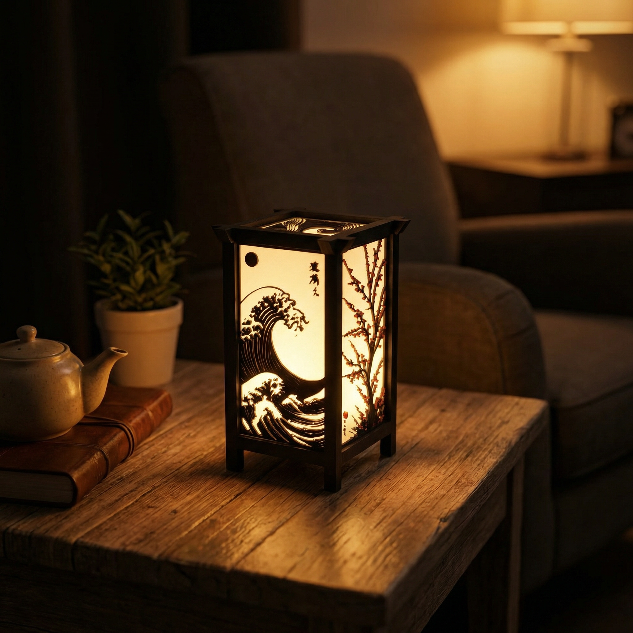 Kanso Lantern | Japanese Wave & Bonsai Ambient Table Lamp with Inline Switch, 3-ft Wire & 3W Daylight Surface Light Included