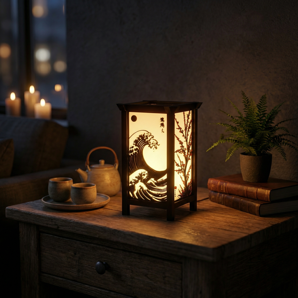 Kanso Lantern | Japanese Wave & Bonsai Ambient Table Lamp with Inline Switch, 3-ft Wire & 3W Daylight Surface Light Included