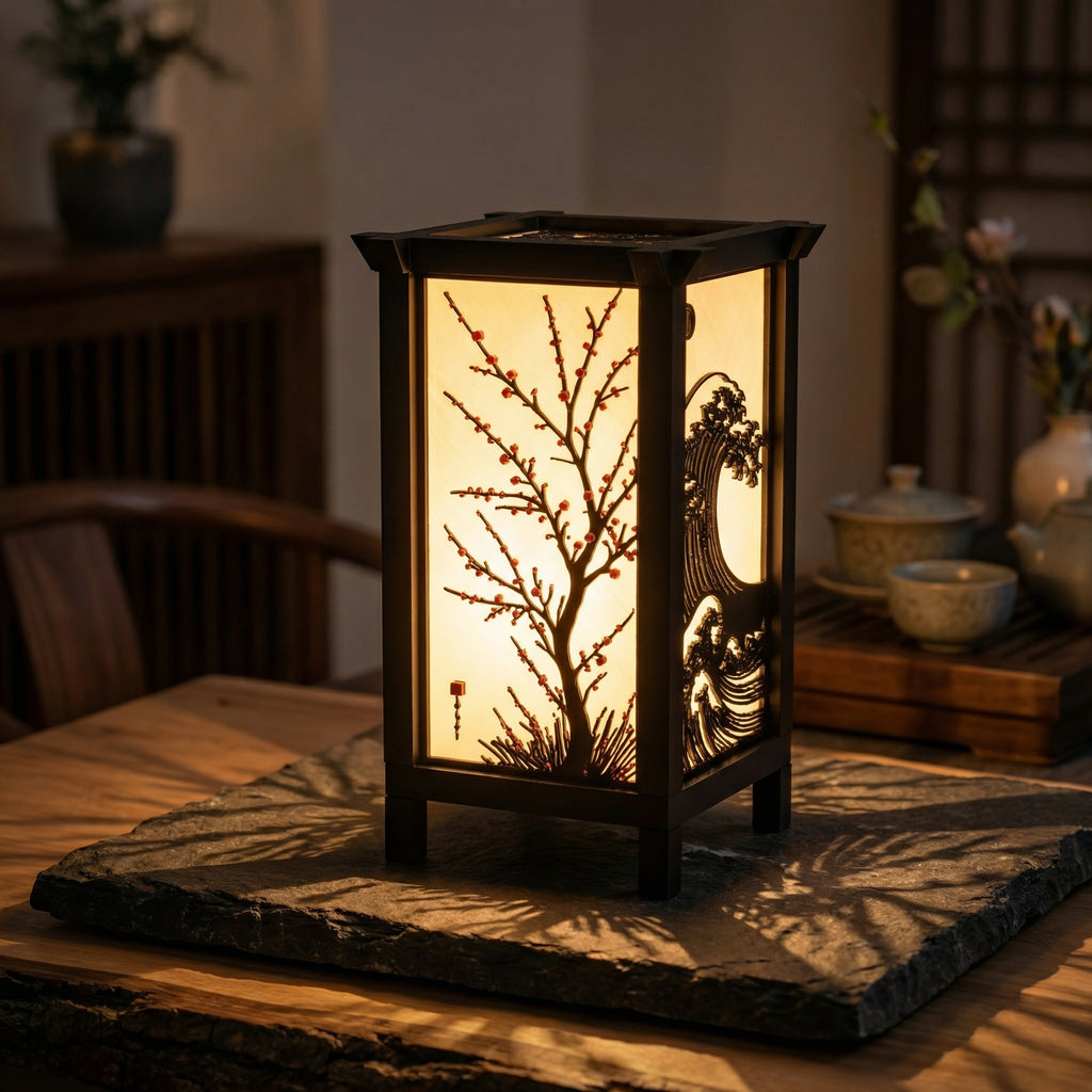 Kanso Lantern | Japanese Wave & Bonsai Ambient Table Lamp with Inline Switch, 3-ft Wire & 3W Daylight Surface Light Included