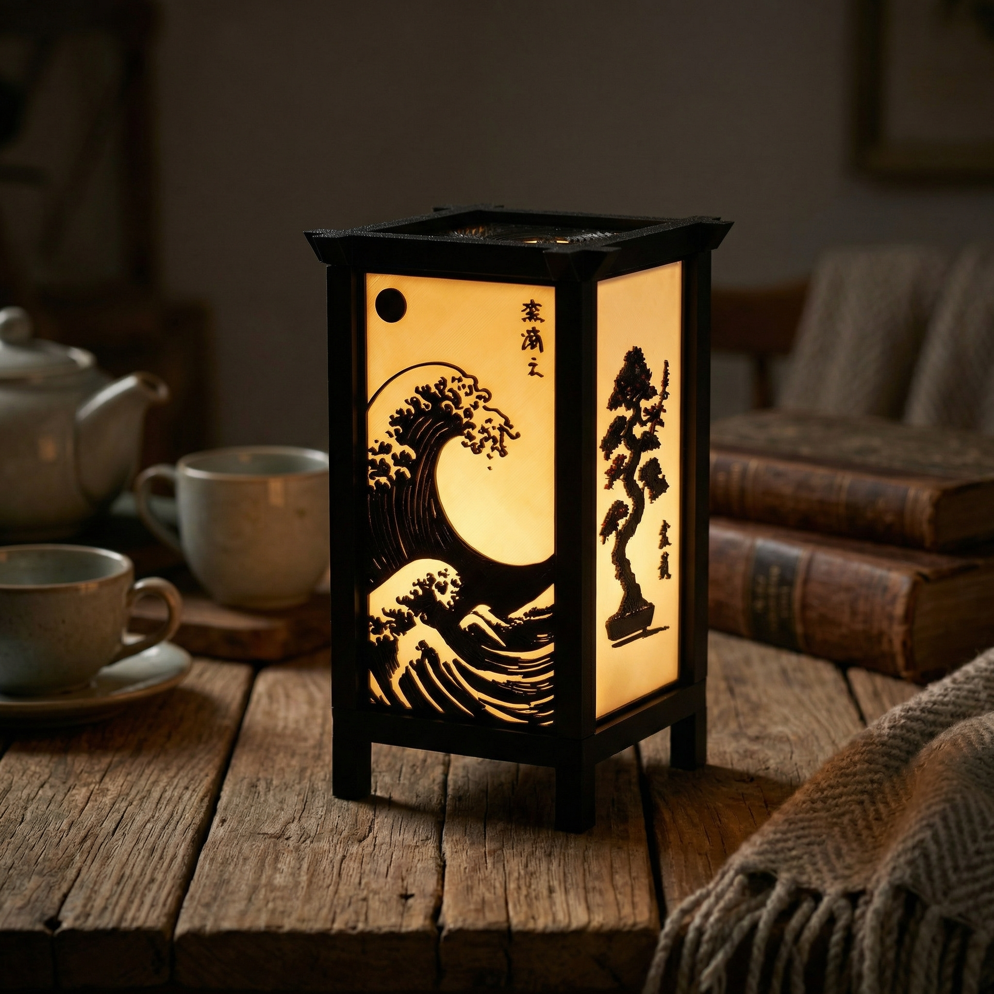 Kanso Lantern | Japanese Wave & Bonsai Ambient Table Lamp with Inline Switch, 3-ft Wire & 3W Daylight Surface Light Included