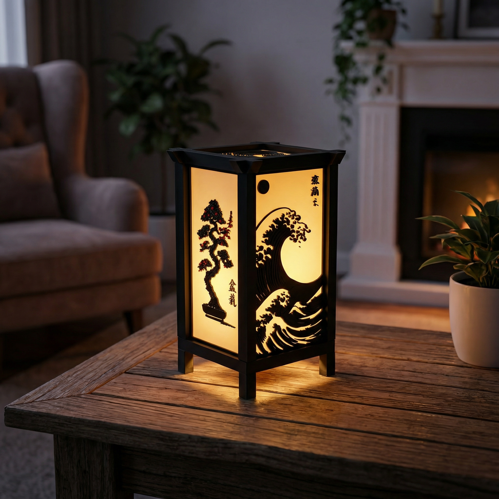 Kanso Lantern | Japanese Wave & Bonsai Ambient Table Lamp with Inline Switch, 3-ft Wire & 3W Daylight Surface Light Included