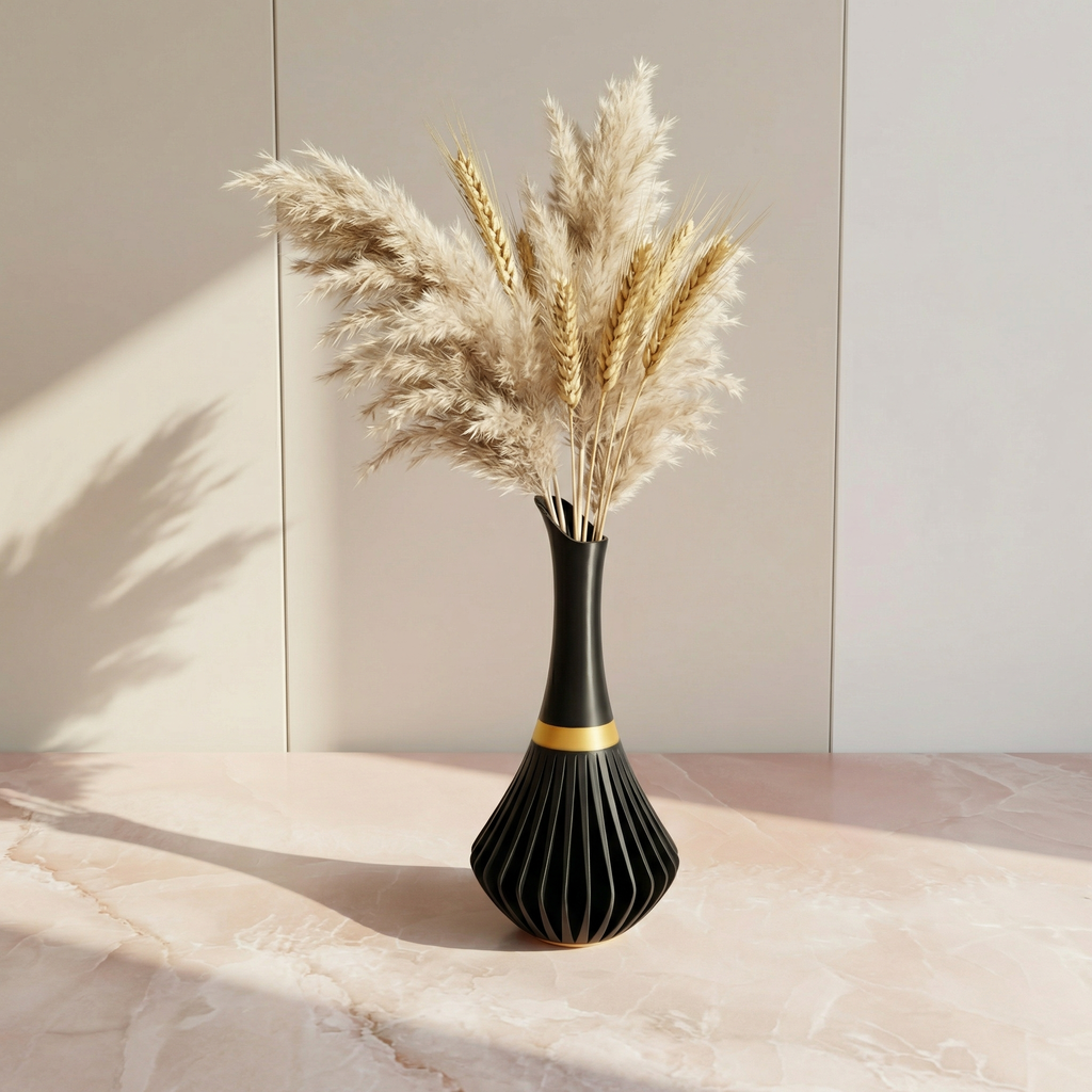3D Printed Sculptural Vase with Gold Accent | Modern Decorative Vase for Dried Flowers