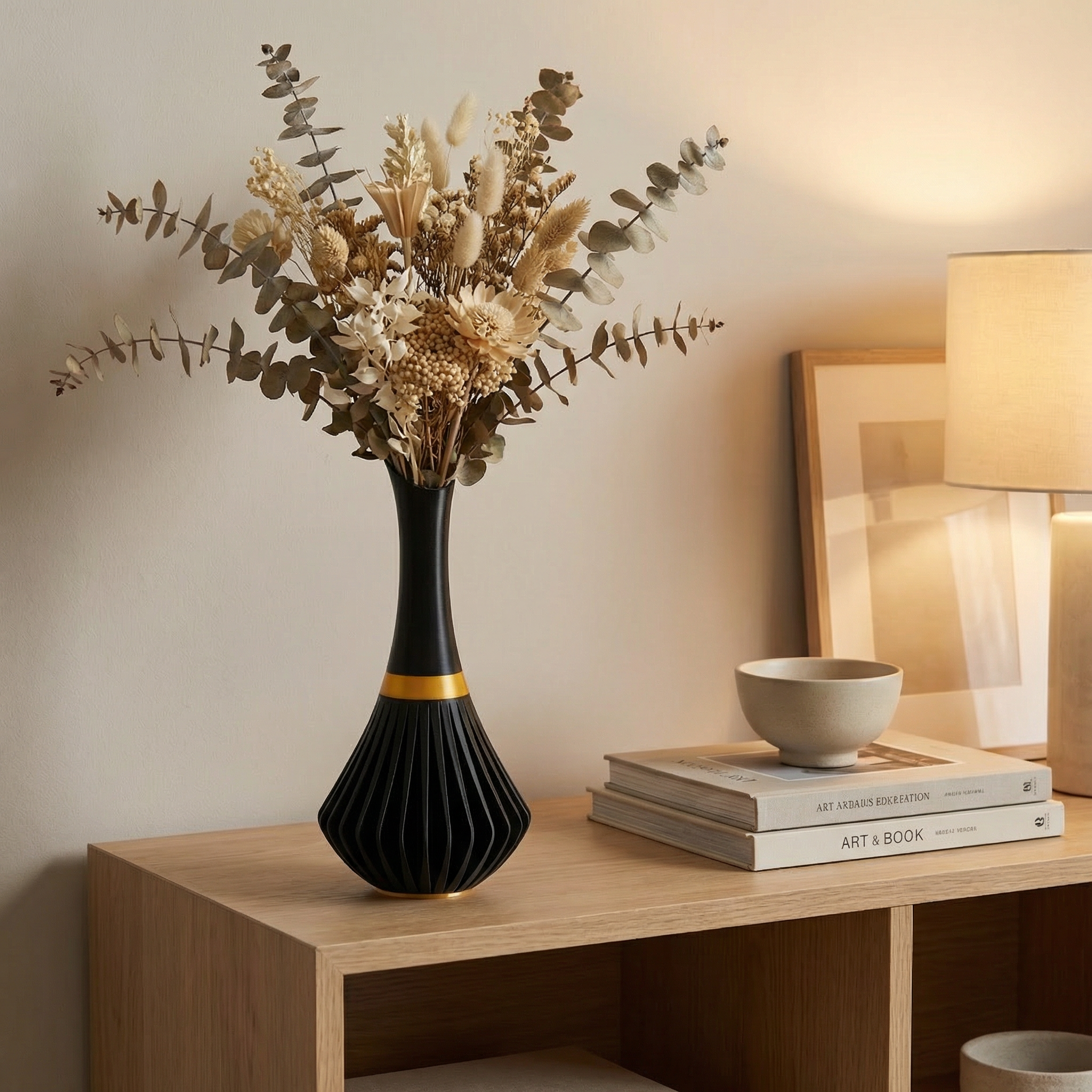 3D Printed Sculptural Vase with Gold Accent | Modern Decorative Vase for Dried Flowers