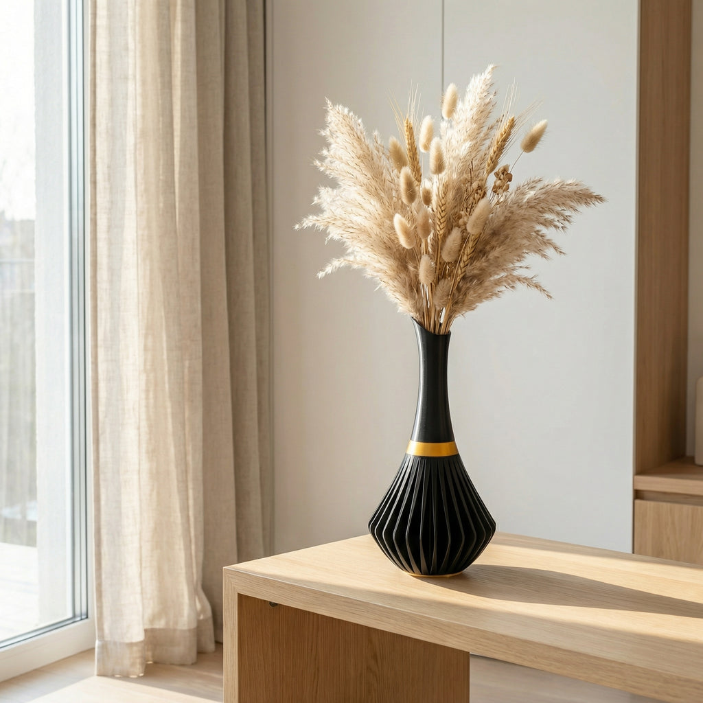 3D Printed Sculptural Vase with Gold Accent | Modern Decorative Vase for Dried Flowers