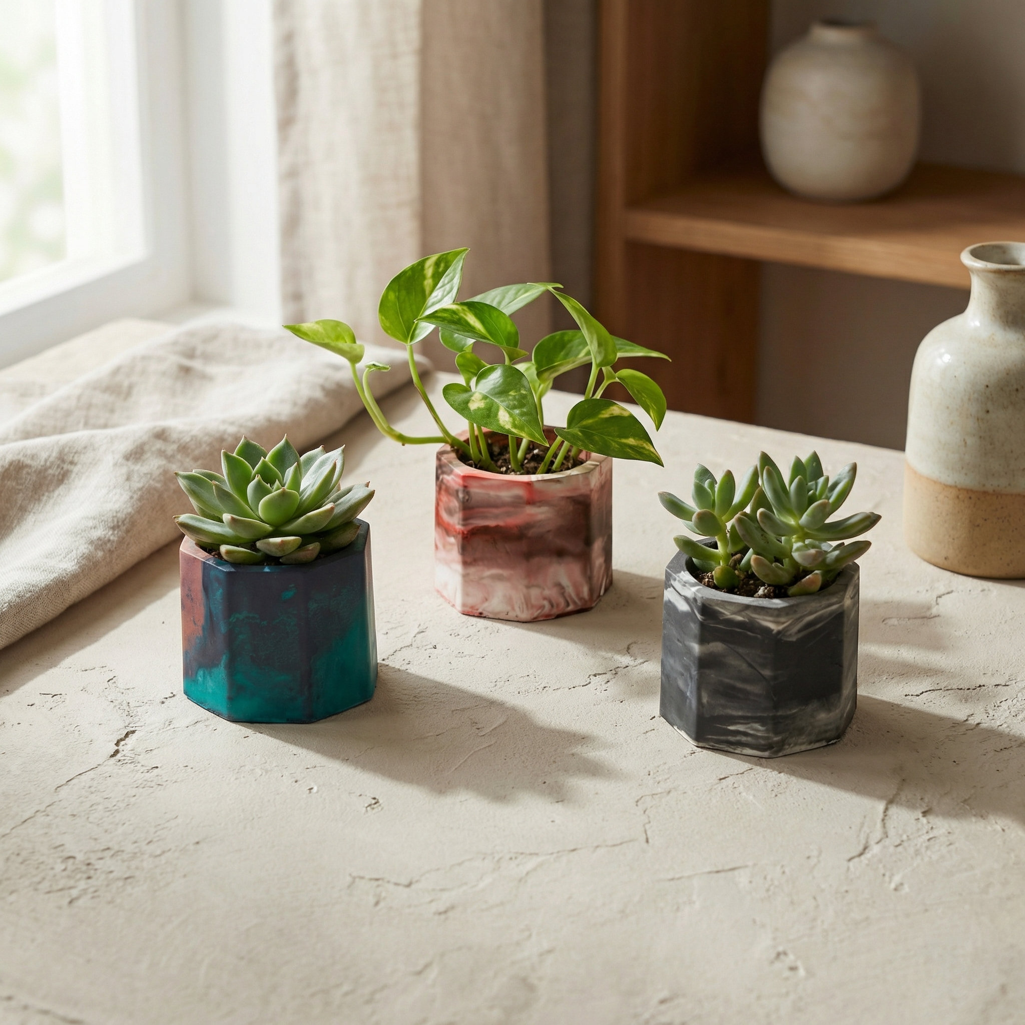 Mini Jesmonite Planter 3 in 1 Set | Handcrafted Small Planters for Succulents & Indoor Plants