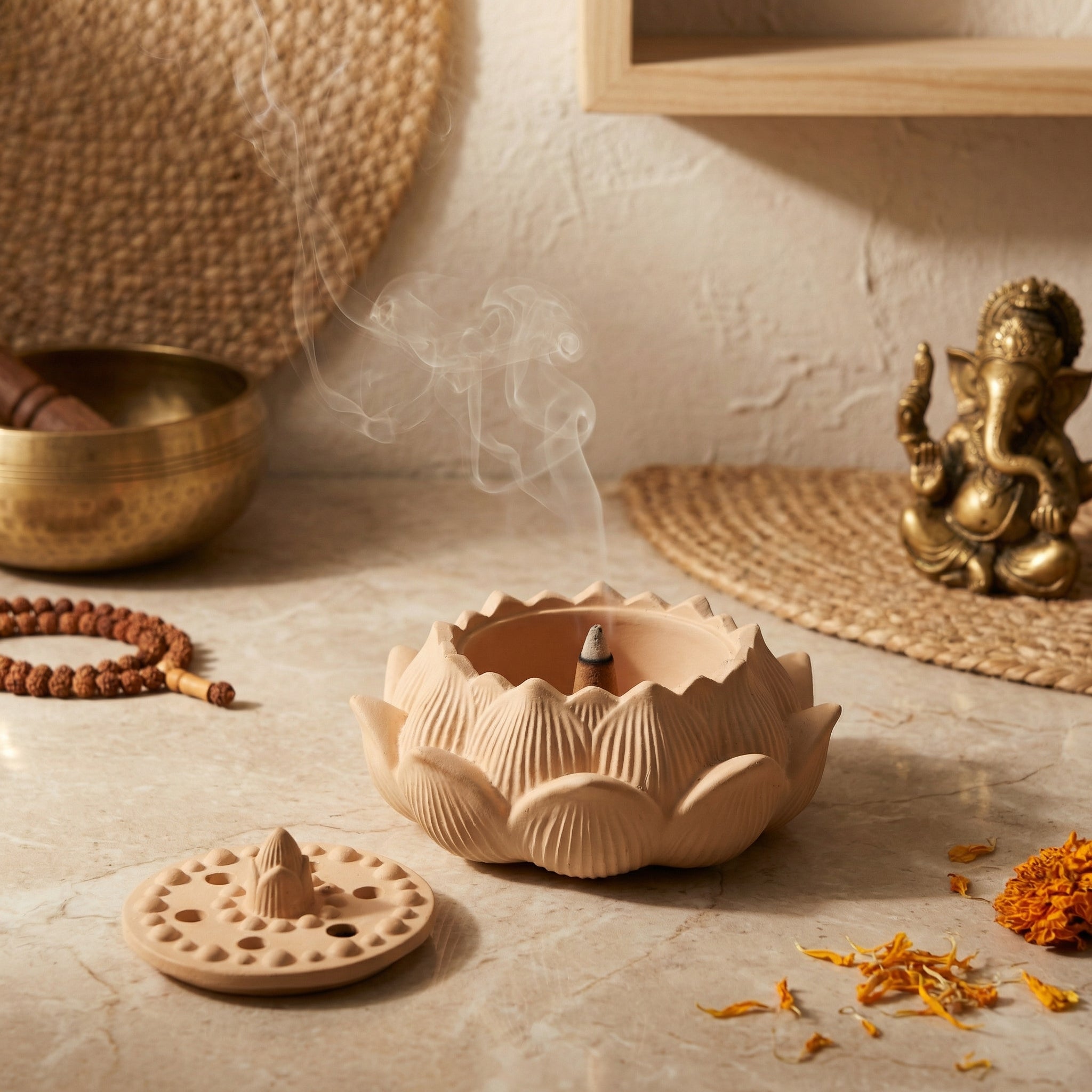Concrete Fire Safe Lotus Dhoop Box – Handcrafted Incense Holder for Home Temple, Meditation & Pooja | Heat Resistant Dhoop Burner with Lid for Agarbatti, Resin & Sambrani | Decorative Spiritual Home Décor