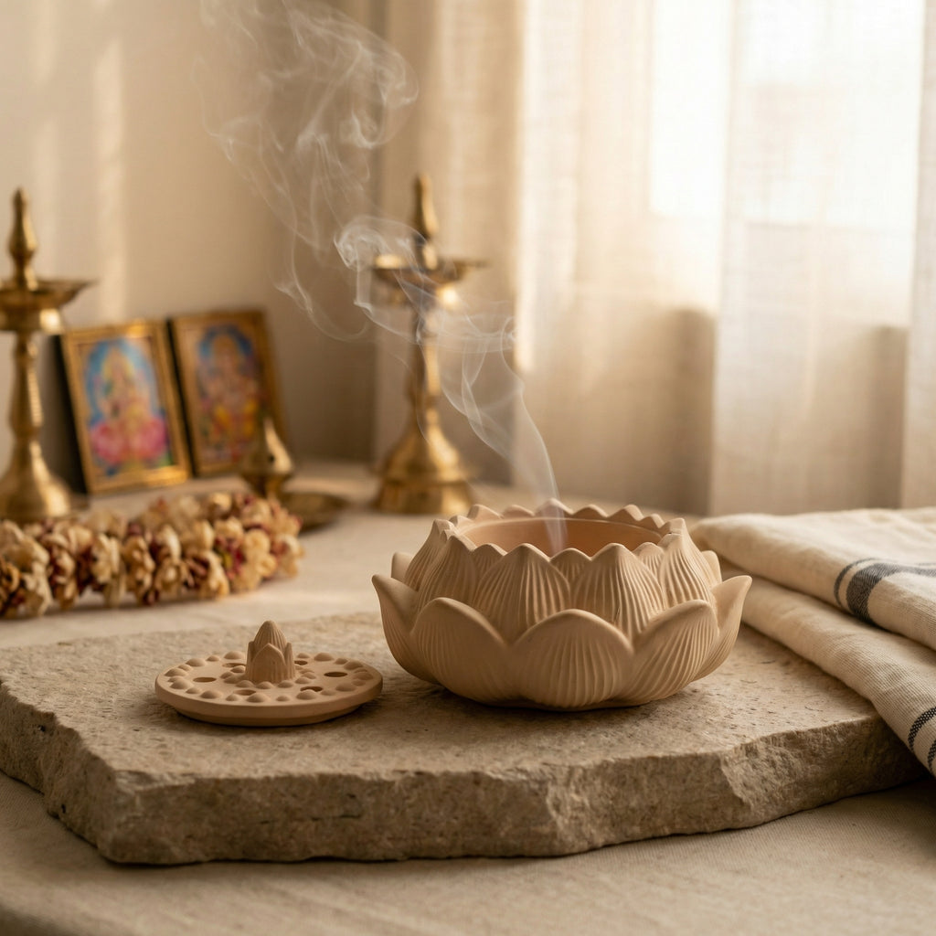 Concrete Fire Safe Lotus Dhoop Box – Handcrafted Incense Holder for Home Temple, Meditation & Pooja | Heat Resistant Dhoop Burner with Lid for Agarbatti, Resin & Sambrani | Decorative Spiritual Home Décor