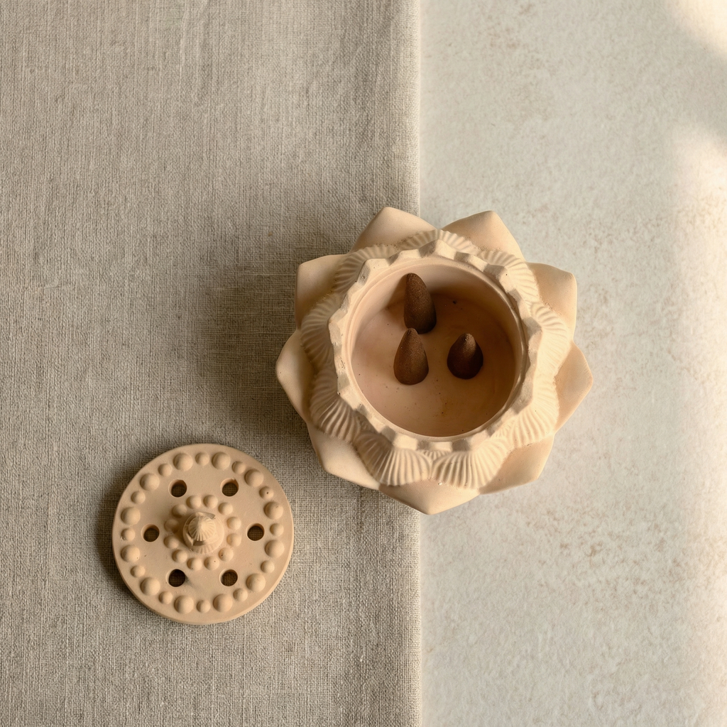 Concrete Fire Safe Lotus Dhoop Box – Handcrafted Incense Holder for Home Temple, Meditation & Pooja | Heat Resistant Dhoop Burner with Lid for Agarbatti, Resin & Sambrani | Decorative Spiritual Home Décor