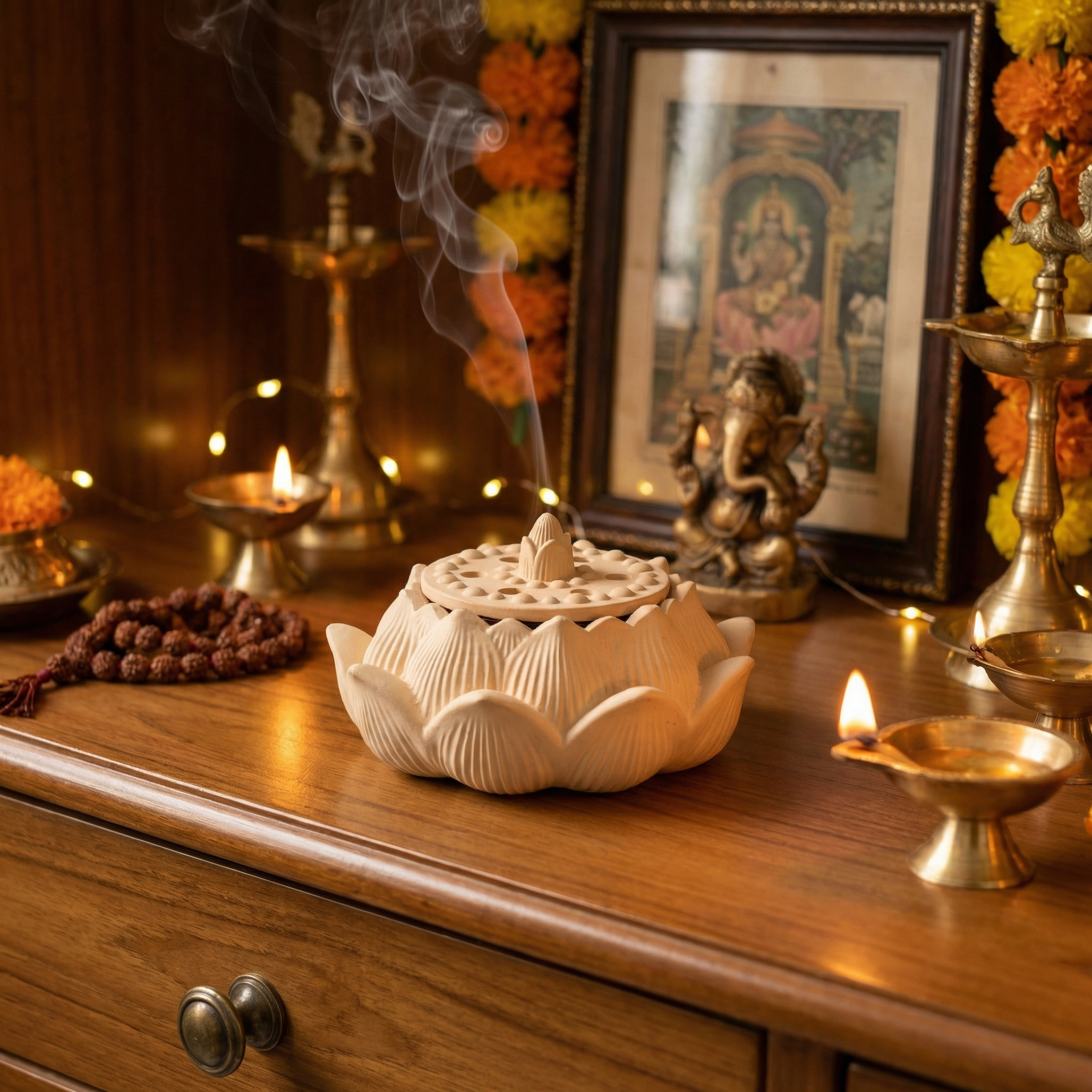 Concrete Fire Safe Lotus Dhoop Box – Handcrafted Incense Holder for Home Temple, Meditation & Pooja | Heat Resistant Dhoop Burner with Lid for Agarbatti, Resin & Sambrani | Decorative Spiritual Home Décor