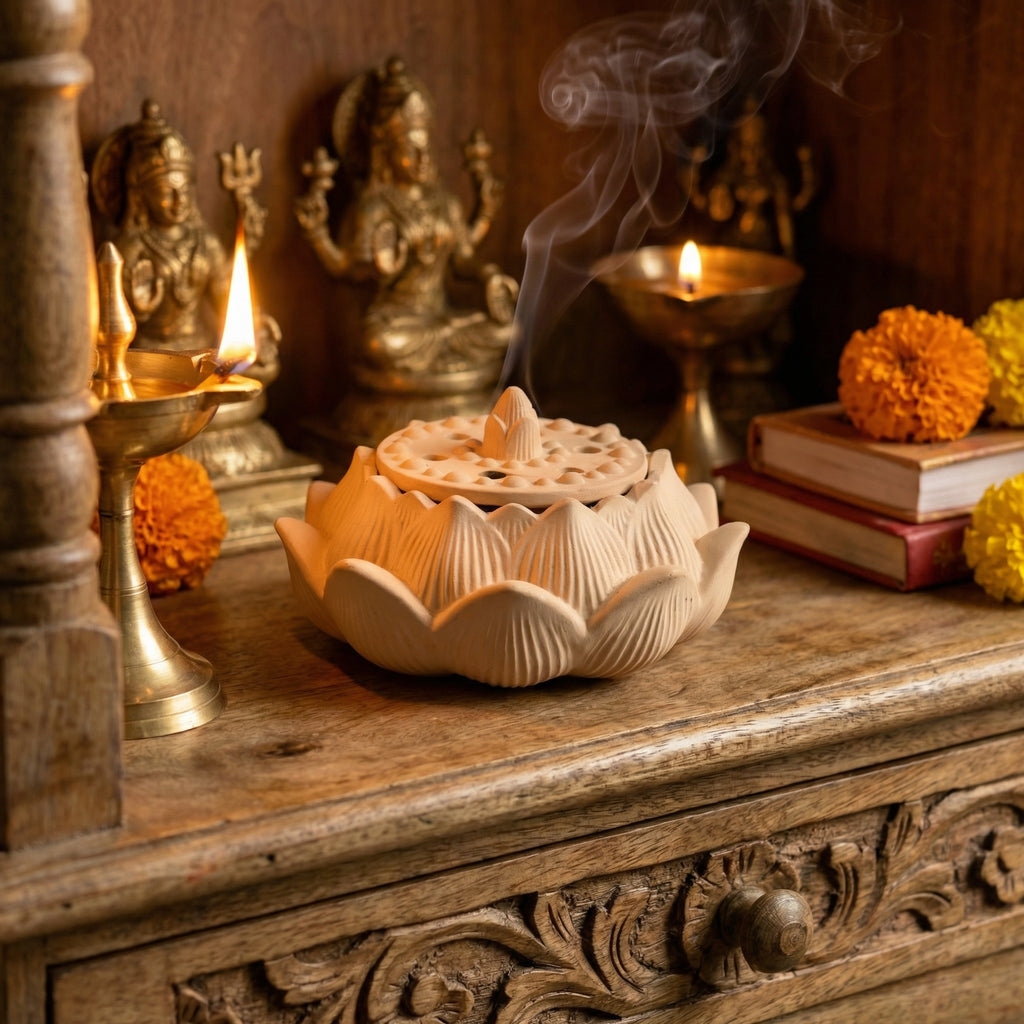 Concrete Fire Safe Lotus Dhoop Box – Handcrafted Incense Holder for Home Temple, Meditation & Pooja | Heat Resistant Dhoop Burner with Lid for Agarbatti, Resin & Sambrani | Decorative Spiritual Home Décor