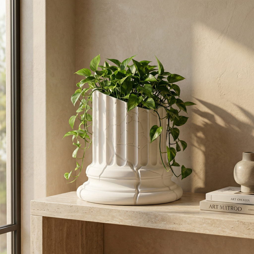 3D Printed Broken Greek Pillar Planter | Sculptural Bonsai & Succulent Pot | Modern White Marble Look Home Décor