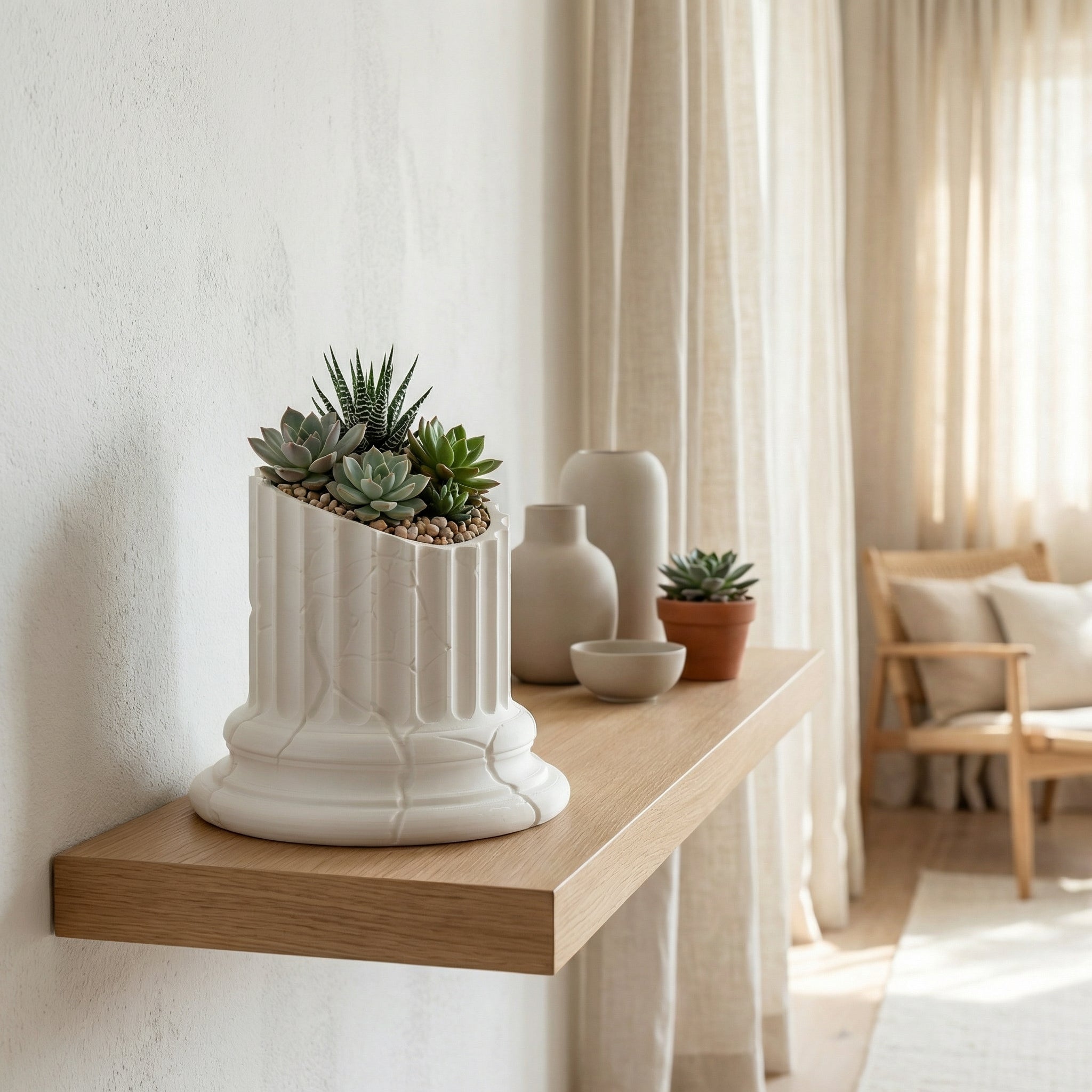 3D Printed Broken Greek Pillar Planter | Sculptural Bonsai & Succulent Pot | Modern White Marble Look Home Décor
