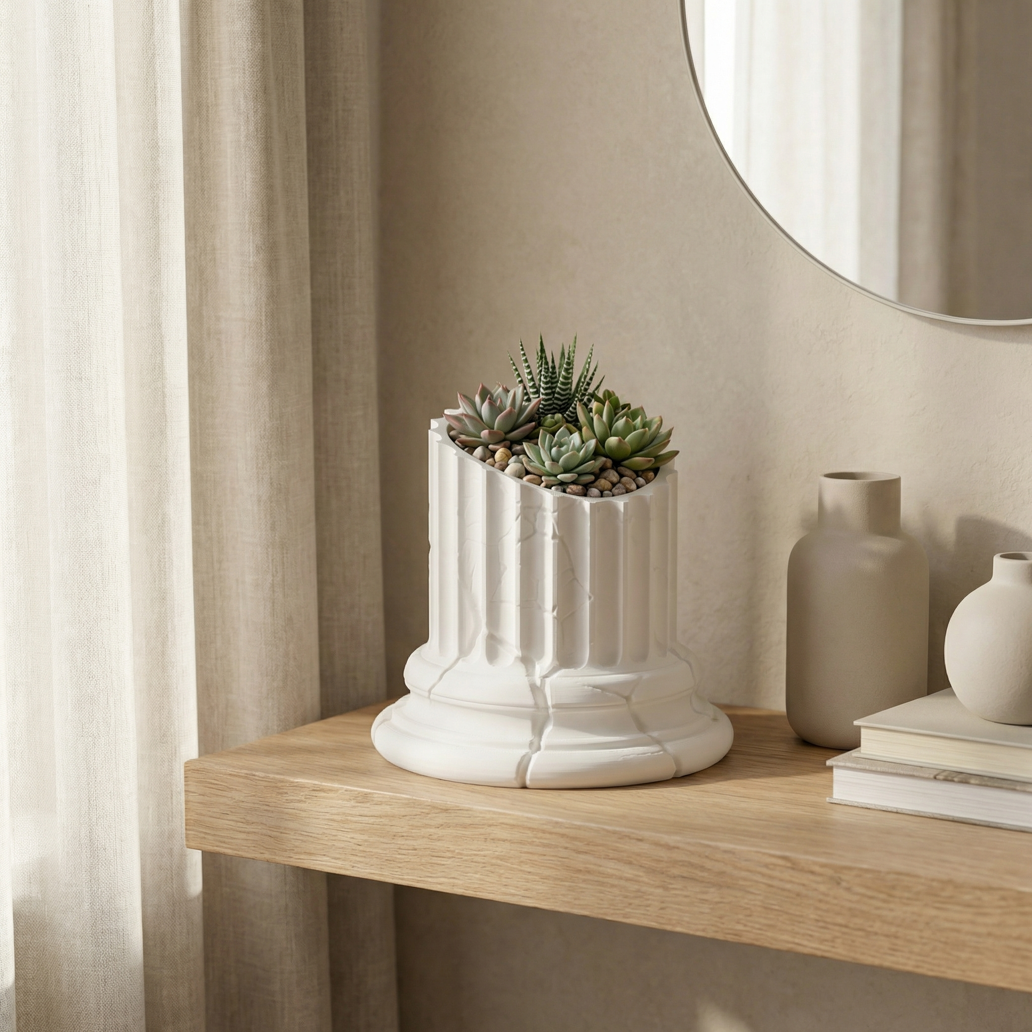 3D Printed Broken Greek Pillar Planter | Sculptural Bonsai & Succulent Pot | Modern White Marble Look Home Décor