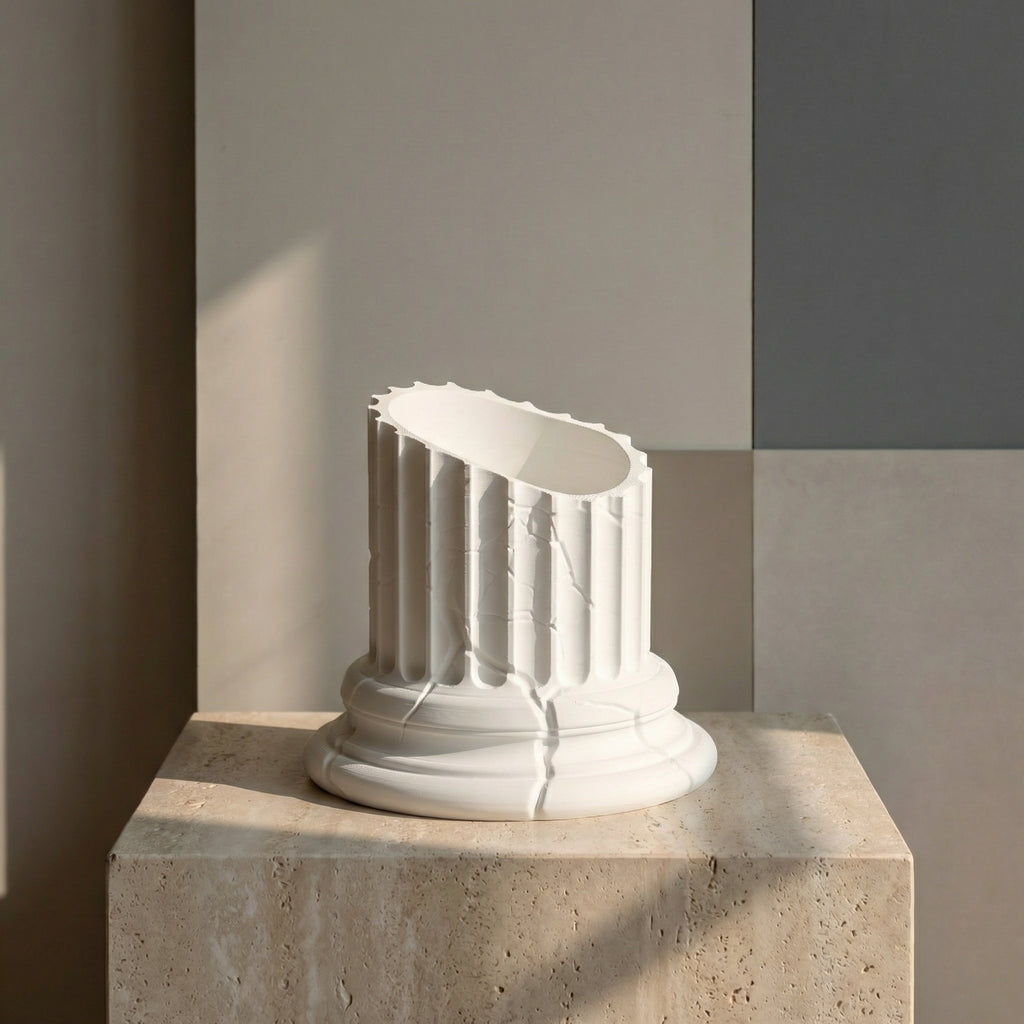 3D Printed Broken Greek Pillar Planter | Sculptural Bonsai & Succulent Pot | Modern White Marble Look Home Décor