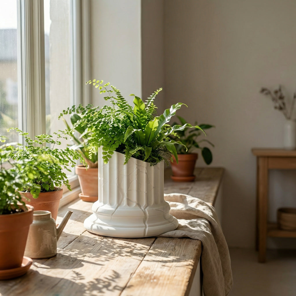 3D Printed Broken Greek Pillar Planter | Sculptural Bonsai & Succulent Pot | Modern White Marble Look Home Décor