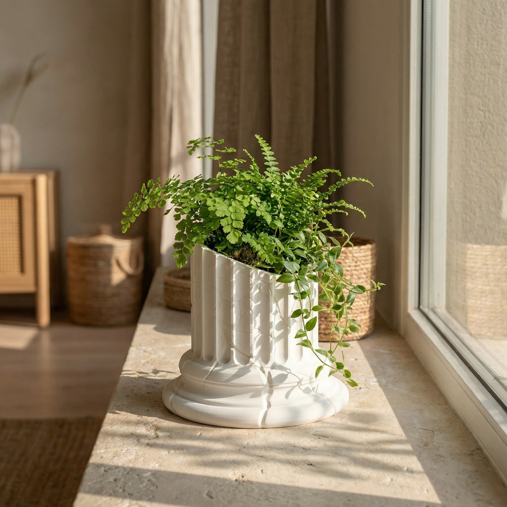 3D Printed Broken Greek Pillar Planter | Sculptural Bonsai & Succulent Pot | Modern White Marble Look Home Décor