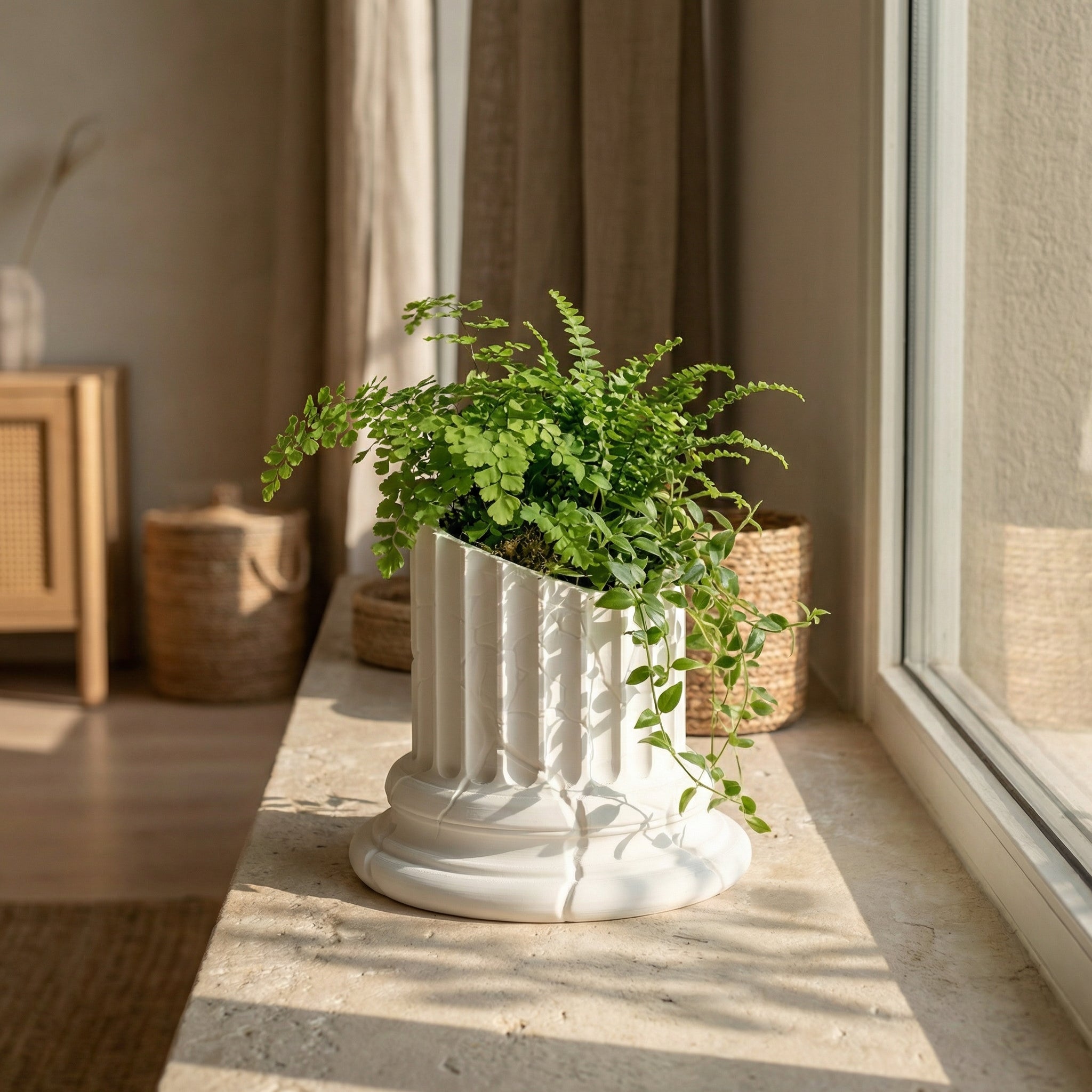 3D Printed Broken Greek Pillar Planter | Sculptural Bonsai & Succulent Pot | Modern White Marble Look Home Décor