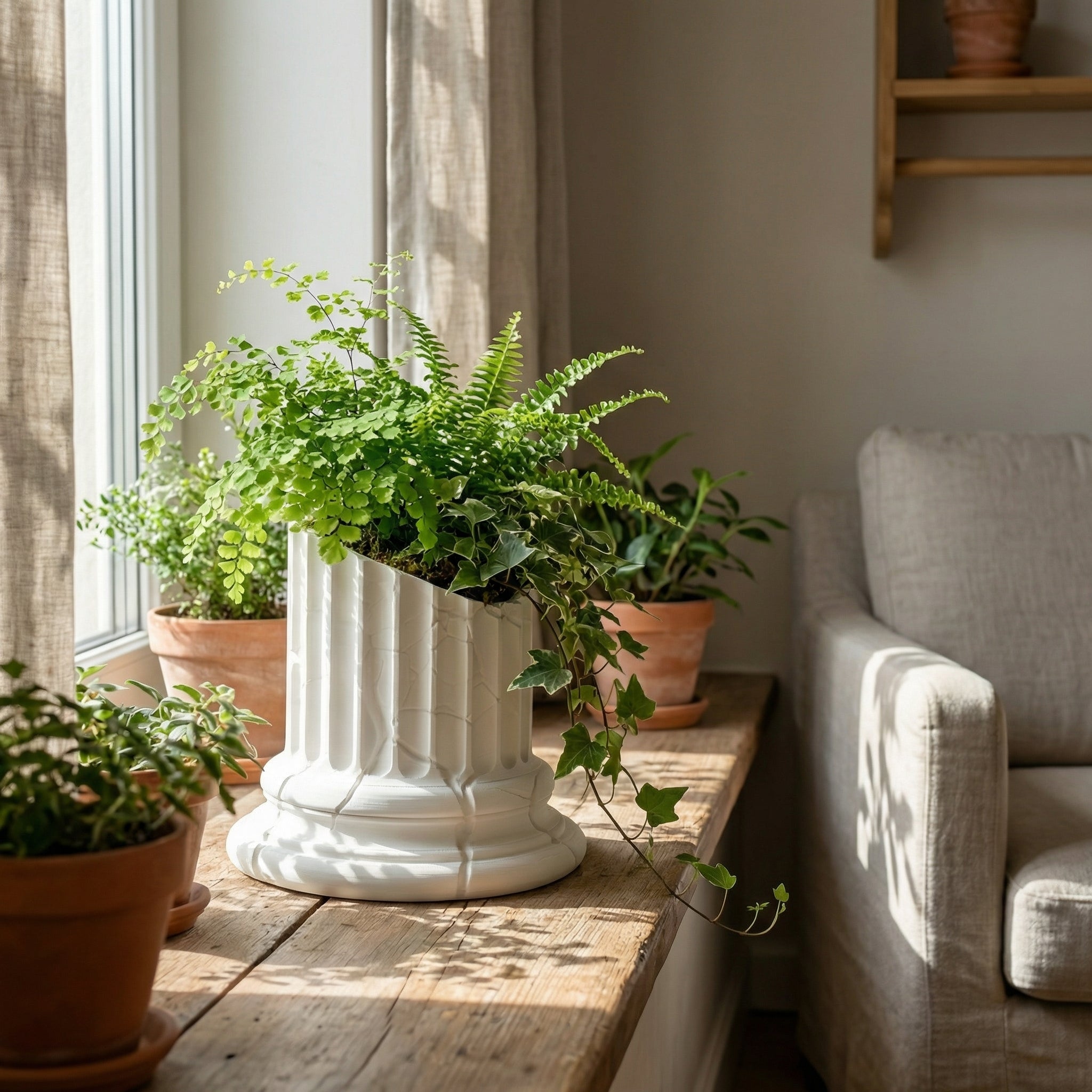 3D Printed Broken Greek Pillar Planter | Sculptural Bonsai & Succulent Pot | Modern White Marble Look Home Décor