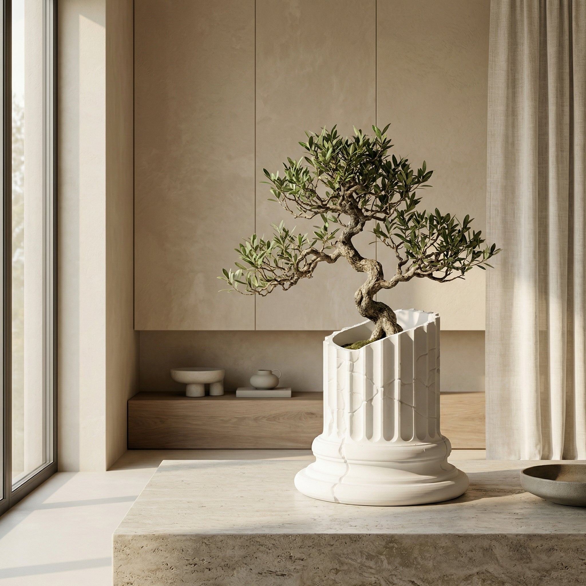 3D Printed Broken Greek Pillar Planter | Sculptural Bonsai & Succulent Pot | Modern White Marble Look Home Décor