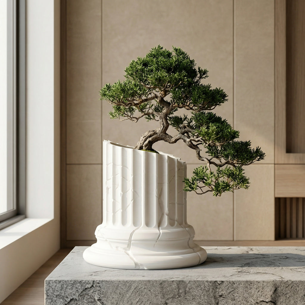 3D Printed Broken Greek Pillar Planter | Sculptural Bonsai & Succulent Pot | Modern White Marble Look Home Décor