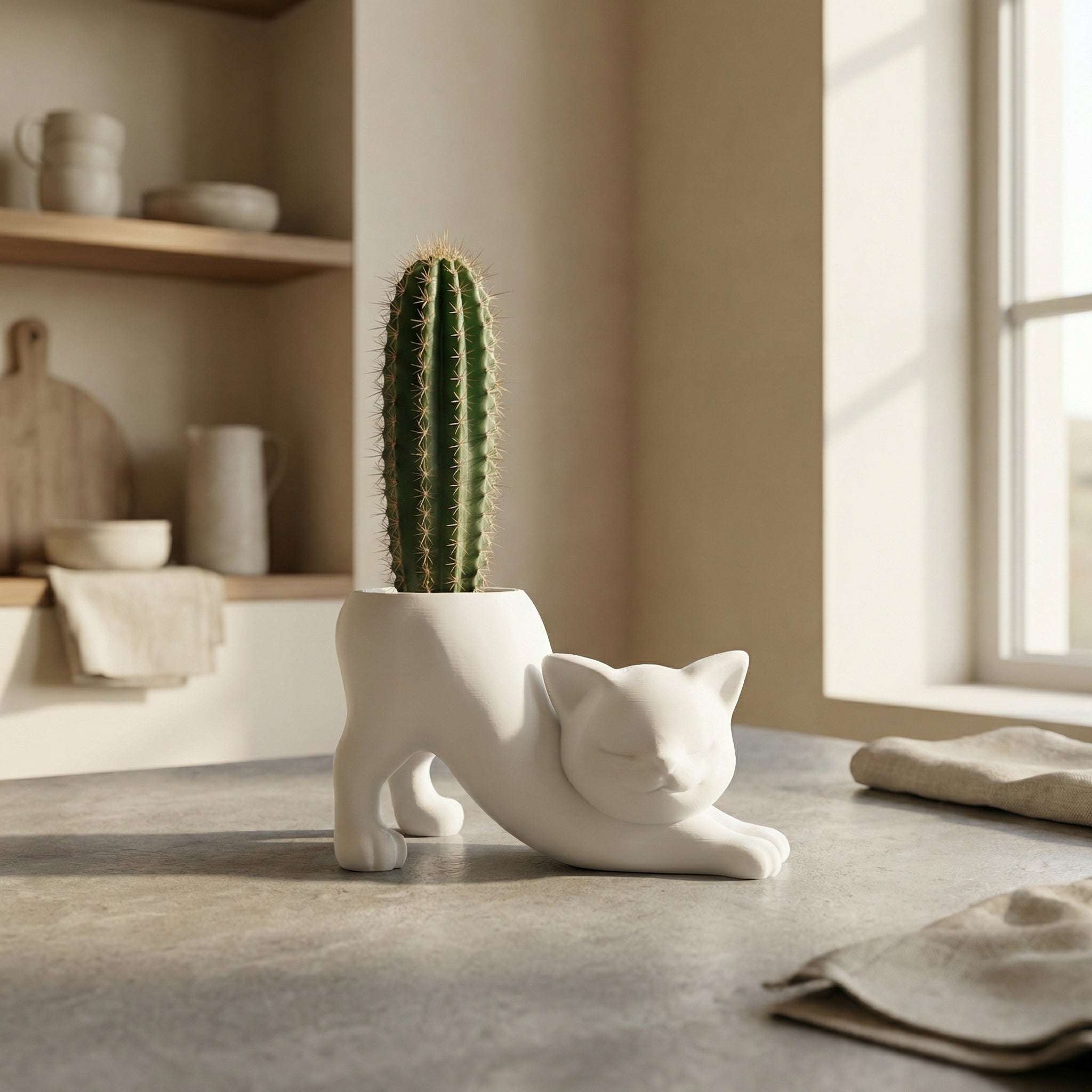 3D Printed Stretching Cat Planter | Cute Cactus & Succulent Pot | Modern Minimal Home Décor