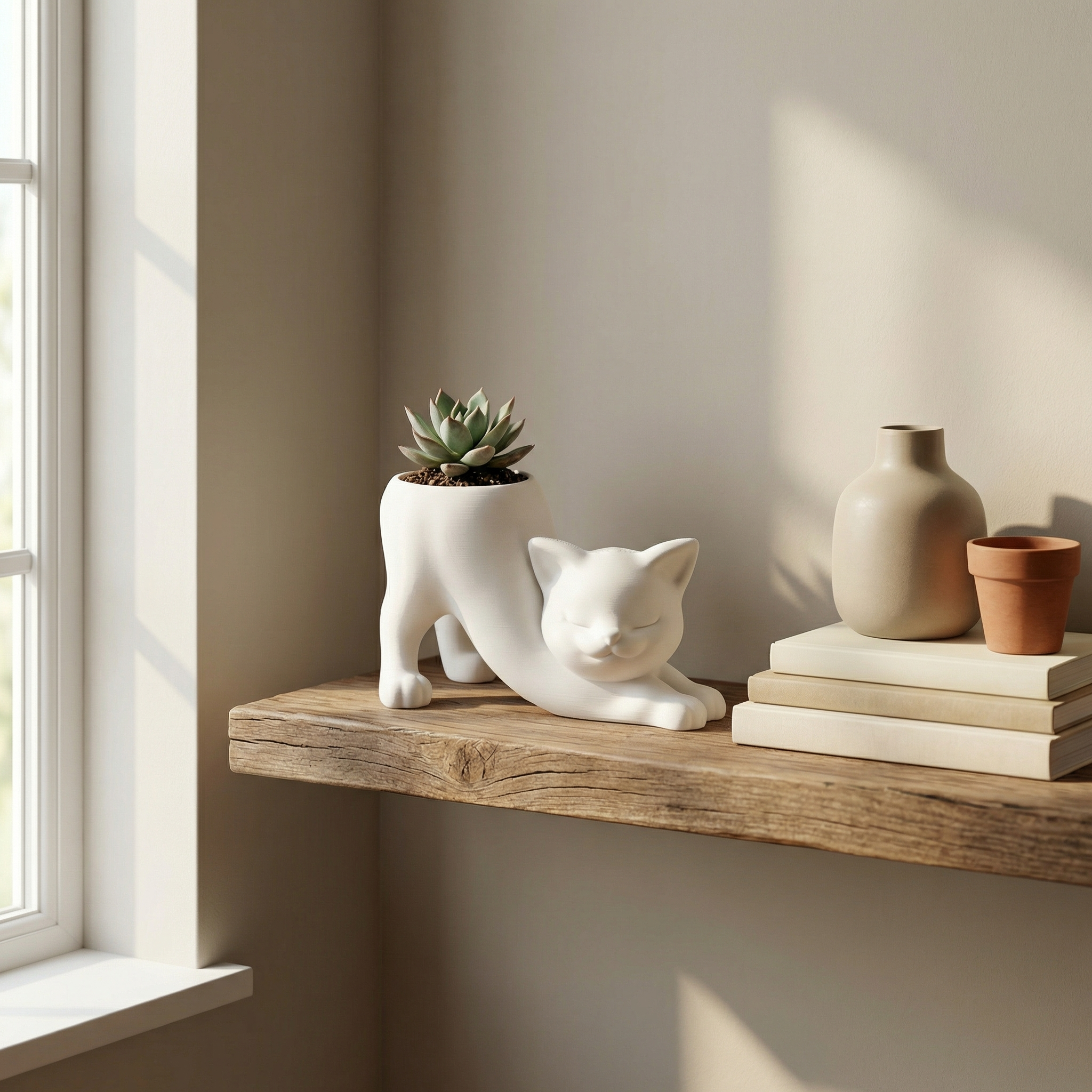 3D Printed Stretching Cat Planter | Cute Cactus & Succulent Pot | Modern Minimal Home Décor