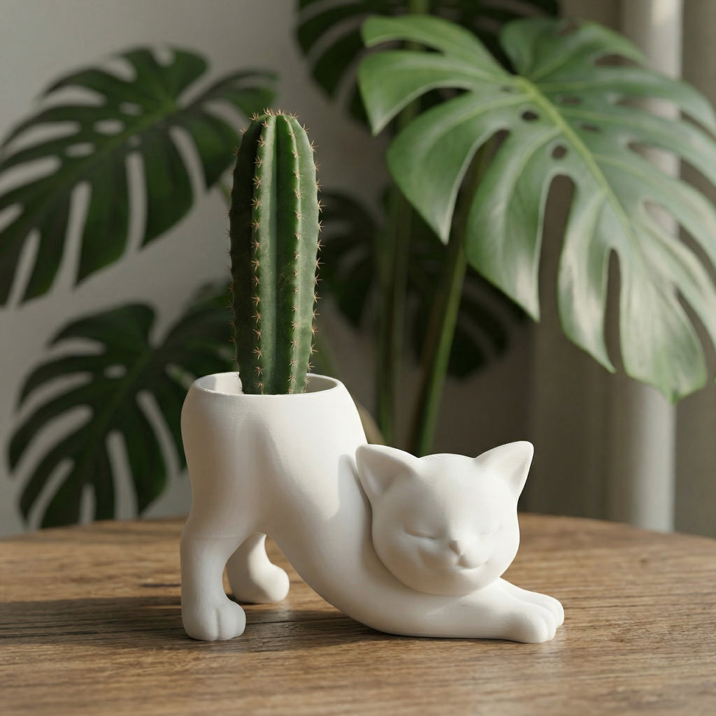 3D Printed Stretching Cat Planter | Cute Cactus & Succulent Pot | Modern Minimal Home Décor