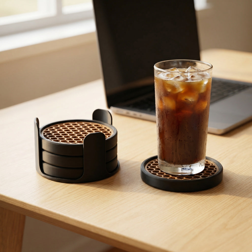 Coaster Set with Removable Mesh Tray | Modern Minimalist Table Coasters for Home & Office