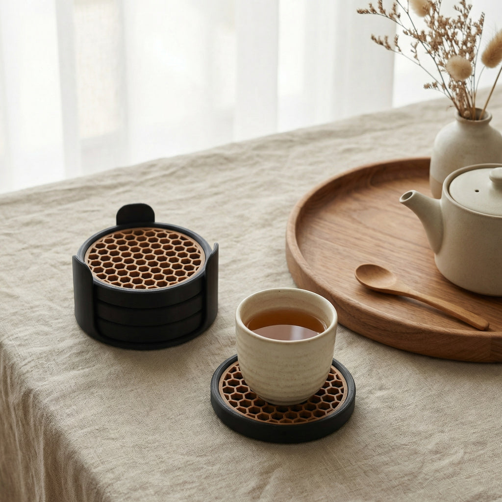Coaster Set with Removable Mesh Tray | Modern Minimalist Table Coasters for Home & Office