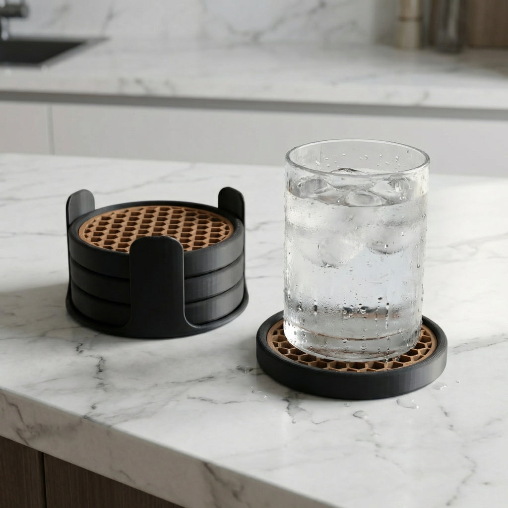 Coaster Set with Removable Mesh Tray | Modern Minimalist Table Coasters for Home & Office