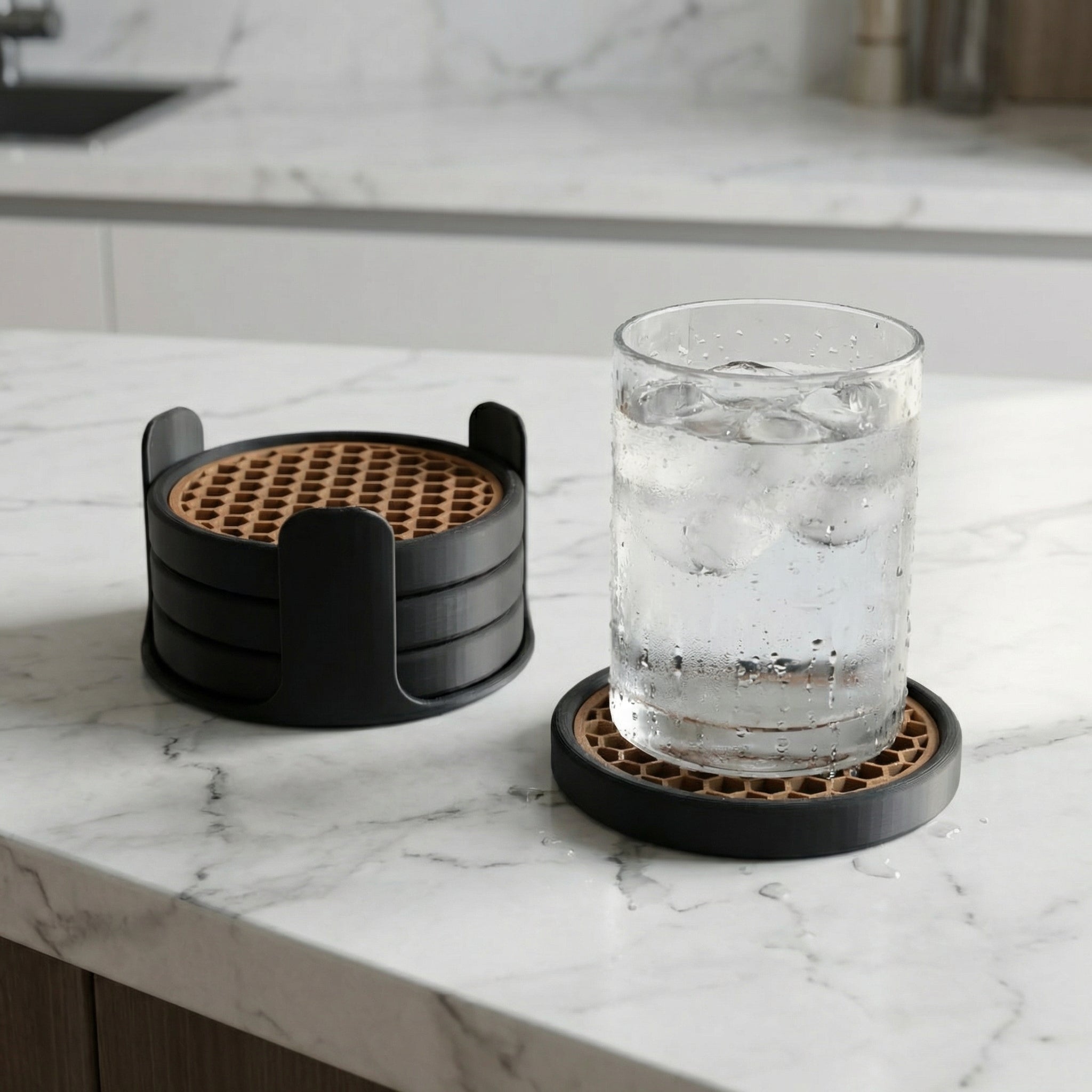 Coaster Set with Removable Mesh Tray | Modern Minimalist Table Coasters for Home & Office