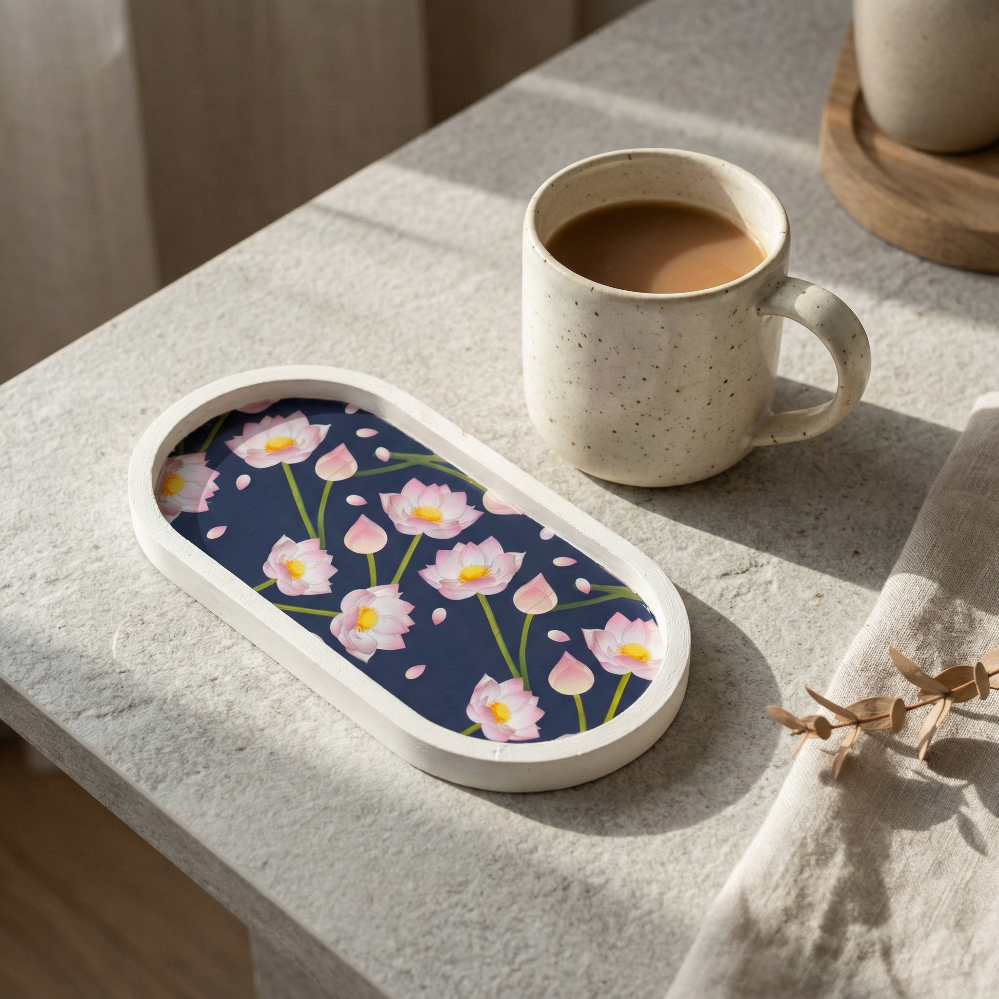 Jesmonite Lotus Oval Coaster Tray | Handmade Decorative Drink Coaster for Modern Home Décor