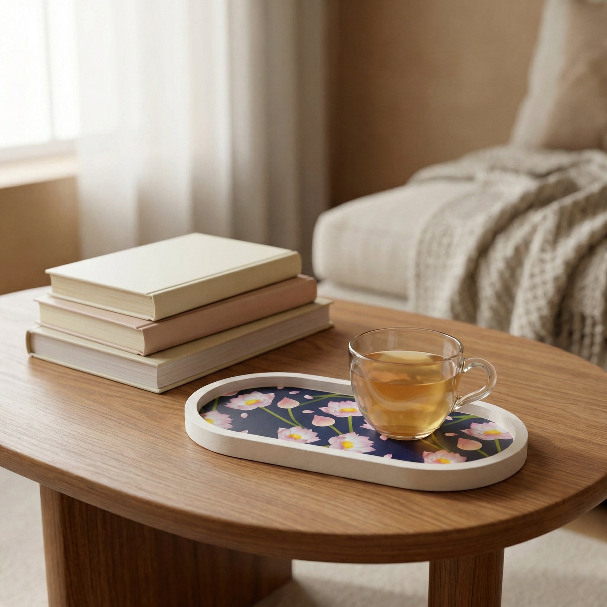 Jesmonite Lotus Oval Coaster Tray | Handmade Decorative Drink Coaster for Modern Home Décor