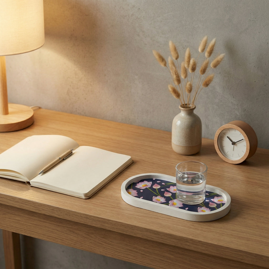 Jesmonite Lotus Oval Coaster Tray | Handmade Decorative Drink Coaster for Modern Home Décor
